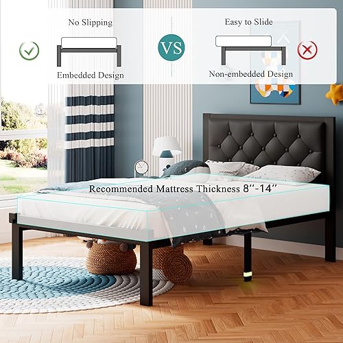 Miniatura 31 de iPormis Marco de cama de metal de tamaño matrimonial, marco de cama de plataforma de lino con cabecero copetudo con botones, espacio debajo de la