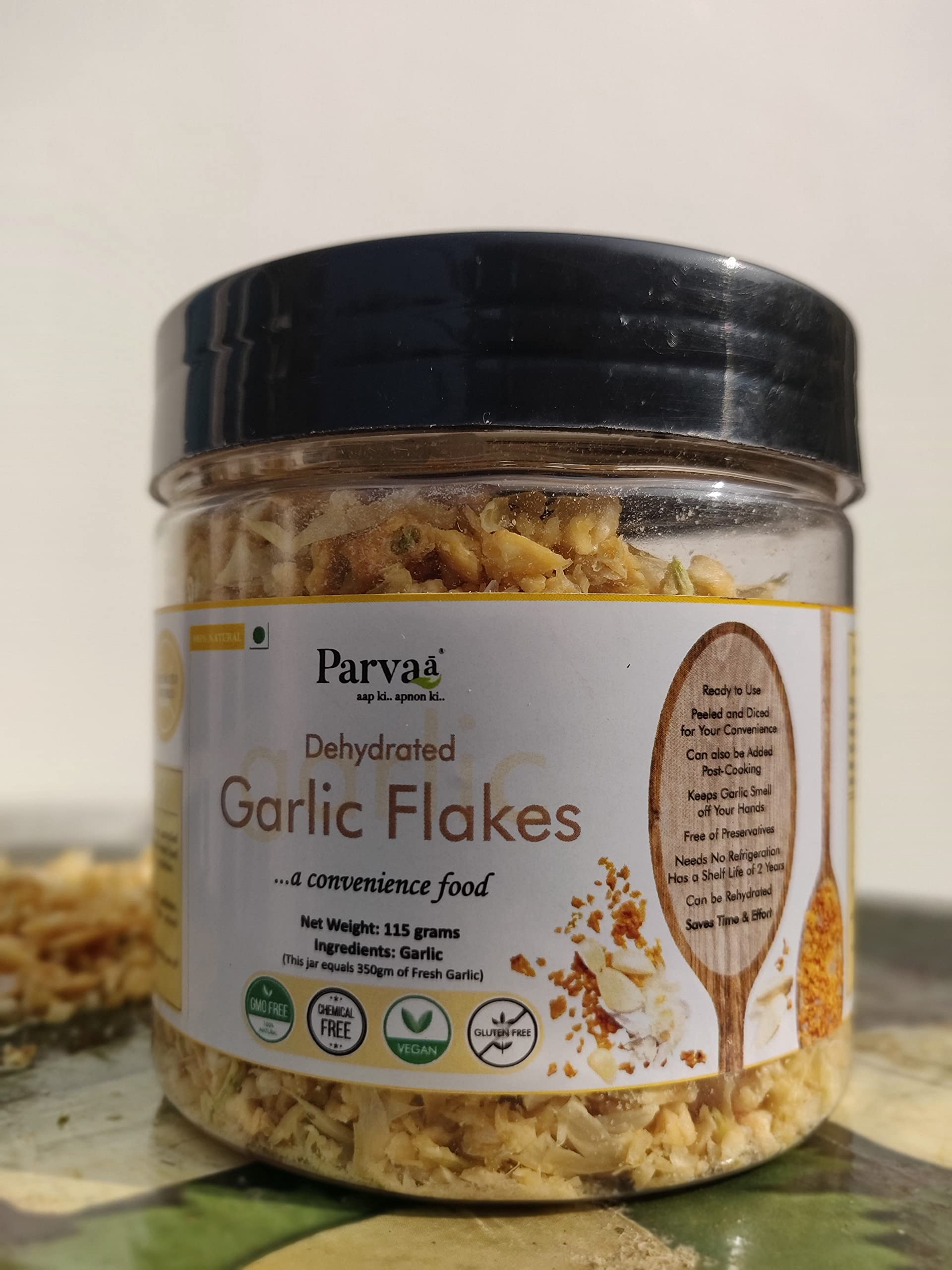 De-hydrated Garlic Flakes by Deeba's Parvaa 100% Natural- ZERO SMELL-Made with care using PPE -Great convenience oils for cooking-Saves time and effort-1/3rd required as against fresh-Pack size 115 gm