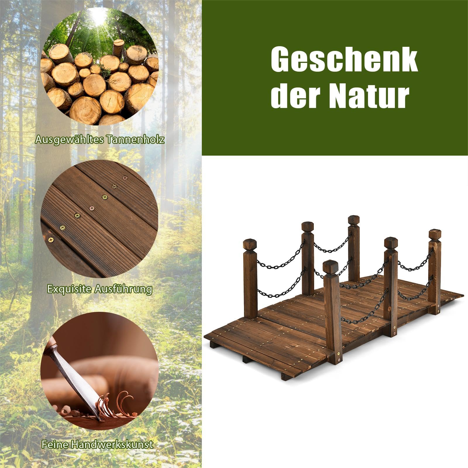 SOARS Holzbrücke mit Geländer & Ketten, Gartenbrücke aus Fichtenholz, stabile Teichbrücke bis 180 kg belastbar, 150 x 67 x 55 cm, Zierbrücke begehbar, Dekobrücke für Garten, Teich & Bach