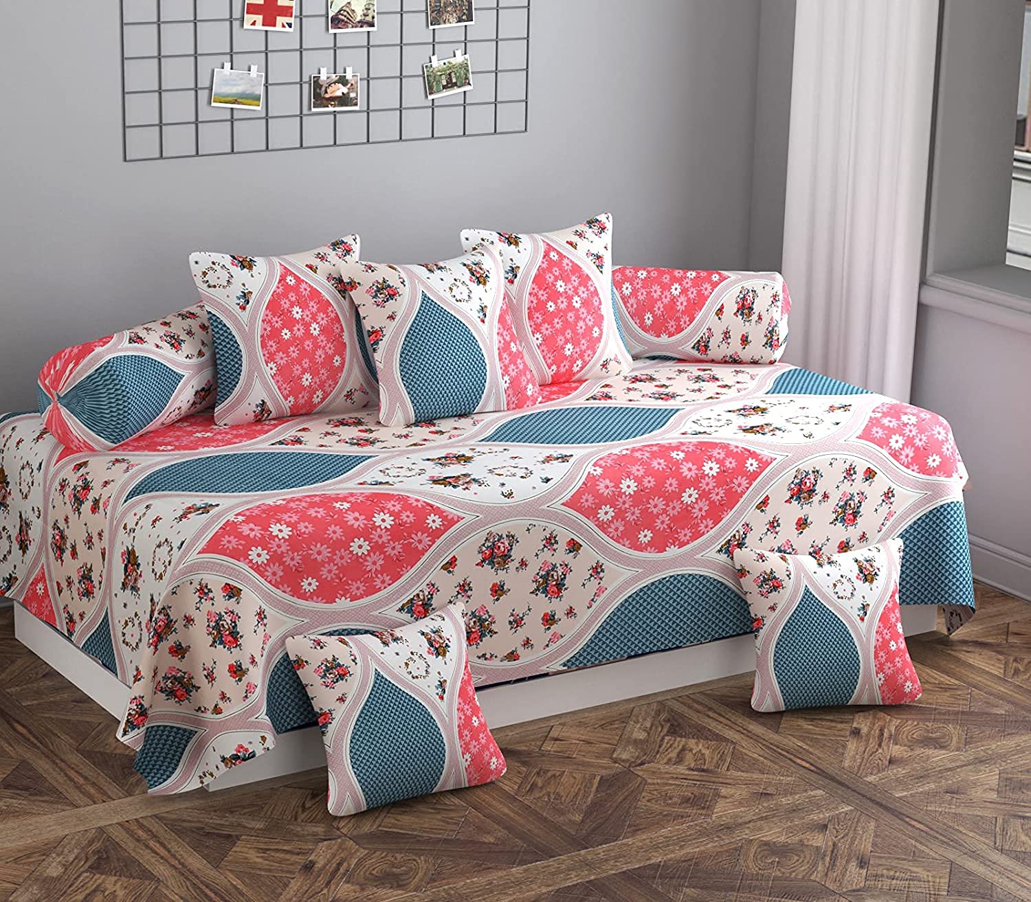 Glace Cotton 3D Printed Diwan Set 8 Pieces, 1 Single bedsheet, 5 Cushions Covers and 2 Bolster Covers- (White- Pink, Diwan Sheet - 60 X 90 inches, Cushion Cover-16 X 16 inches)-image-22