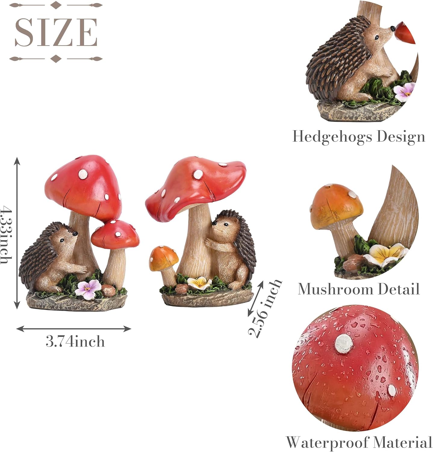 TERESA'S COLLECTIONS Garden Decor, Set of 2 Cute Hedgehogs and Mushrooms Garden Decor, Waterproof Resin Garden Statue, Hedgehogs Gift, Garden Gift for Women Mom, Indoor/Outdoor