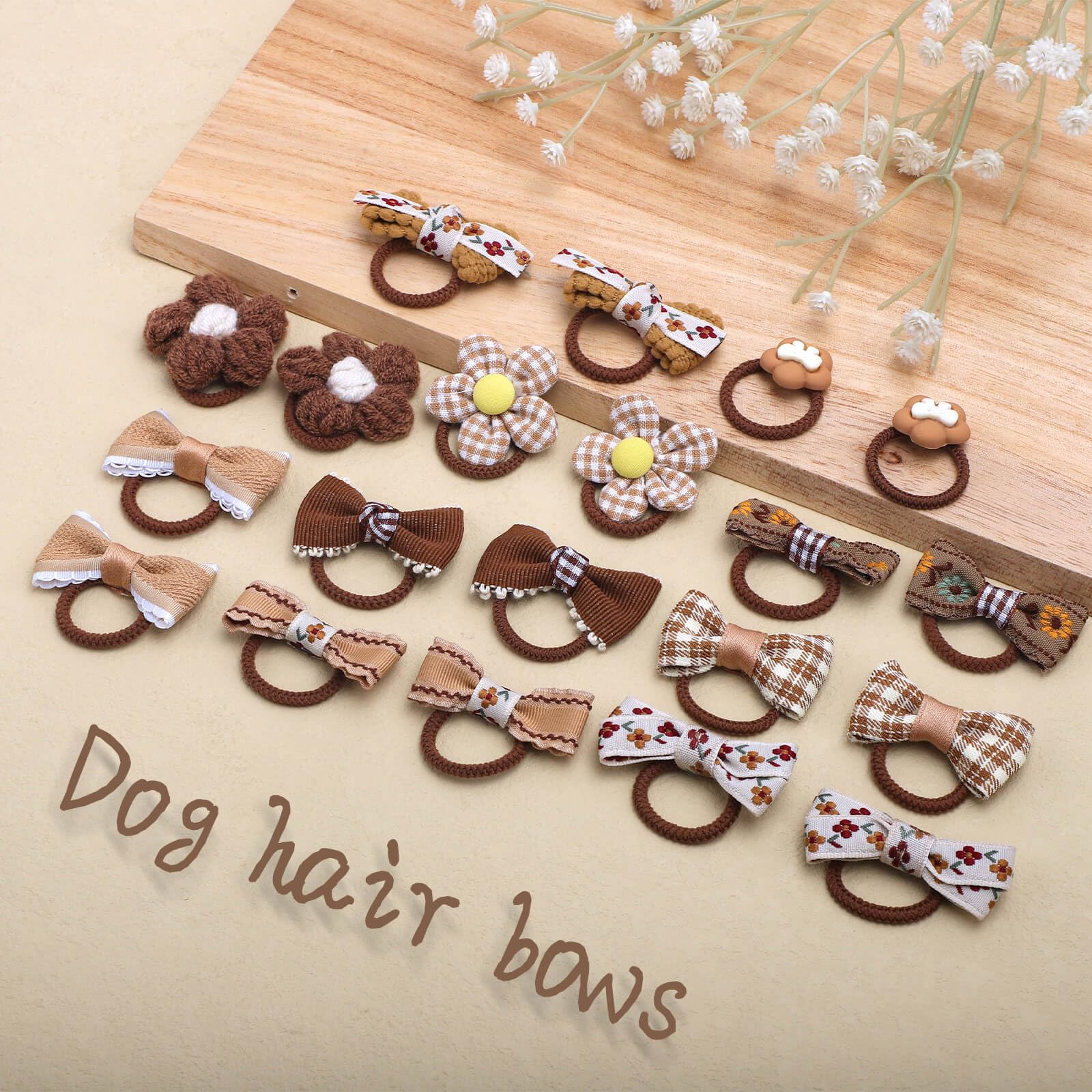BOXOB 20pcs Nœuds pour Poils de Chien, Nœuds Marron pour Chien de Petite Taille Nœuds Mignons pour Chiens Nœuds pour Chiots à Fleurs Élastiques pour Poils de Chien Nœuds pour Poils de Chiot