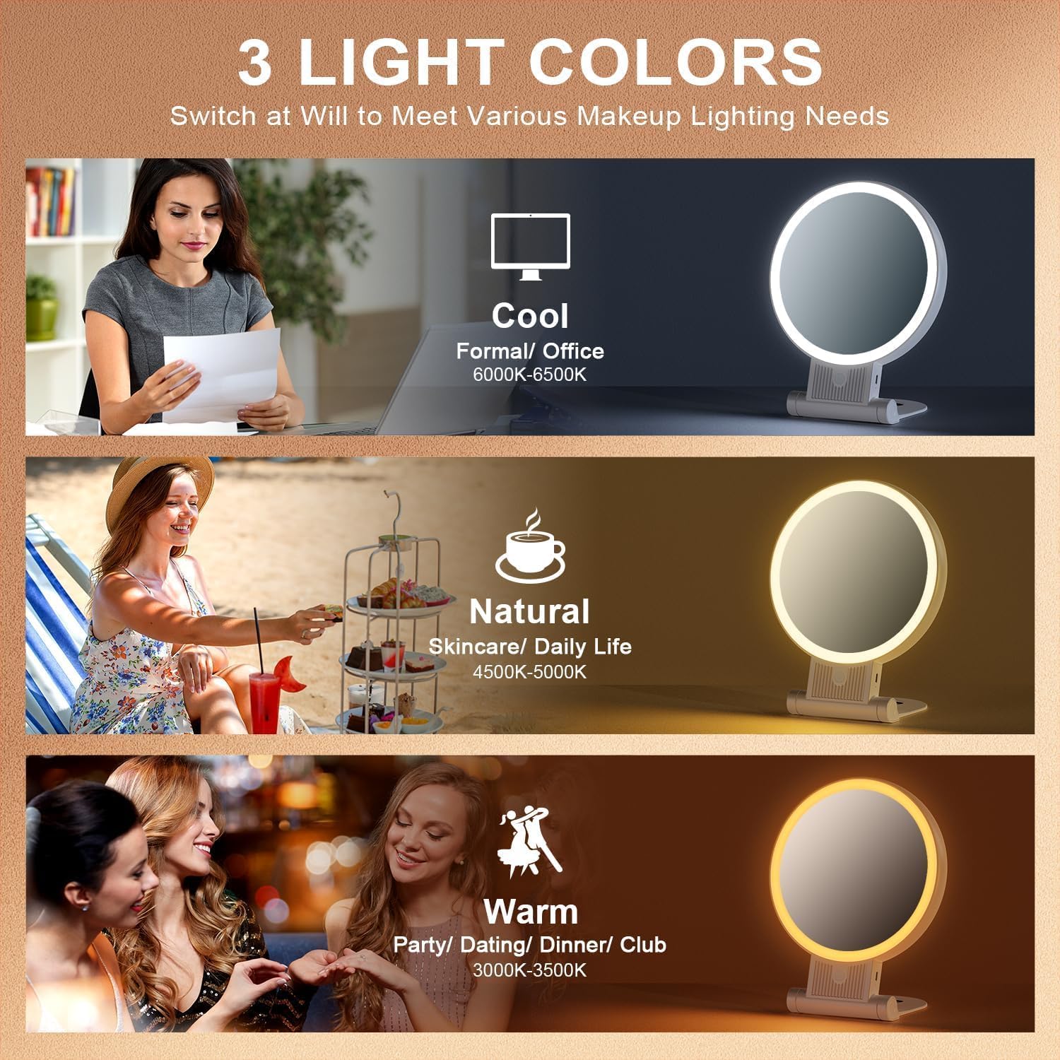 Auxmir Specchio Trucco con Luci LED, Specchio Ingranditore 30X/1X a Doppio Lato, Luminosità Regolabile a 3 Colori, Specchio da Tavolo Pieghevole con Foro per Appendere, Ricaricabile e Portatile