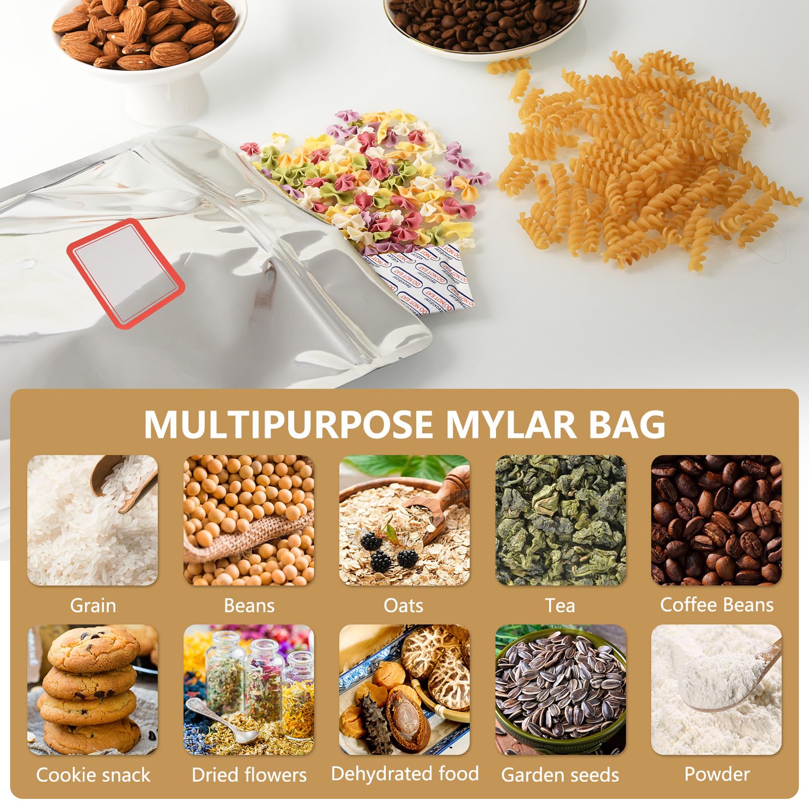 Confezione da 50 sacchetti in Mylar da 1 gallone con assorbitori | Sacchetti in Mylar per la conservazione degli alimenti, 25,4 x 35,5 cm, grandi sacchetti in Mylar per conservare riso