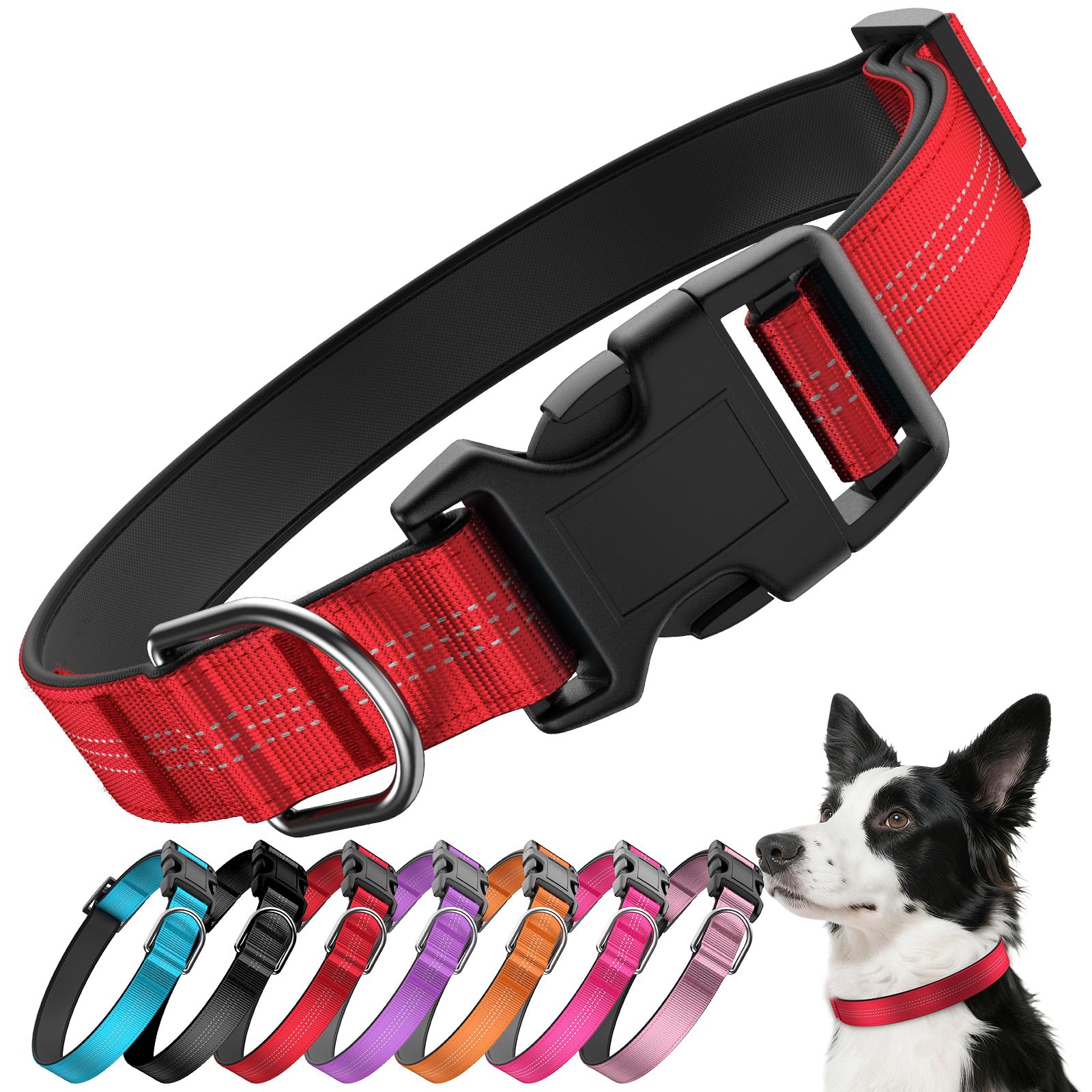 Collare per cani riflettente con fibbia, collare per cani resistente, con imbottitura morbida, regolabile, ultra resistente, per cani di taglia piccola, media e grande (rosso, L)