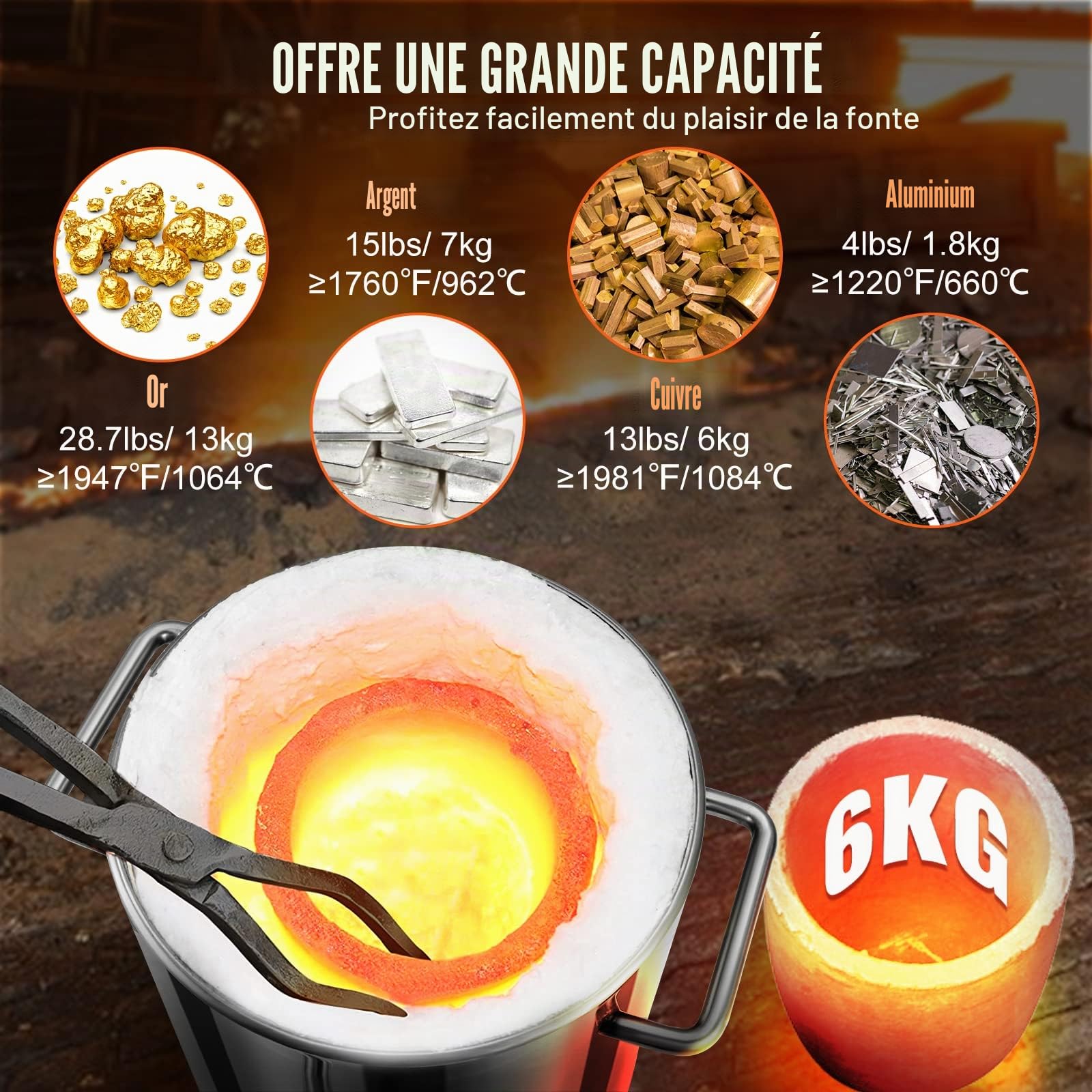 VEVOR Forge de propane en acier inoxydable 6 kg Kit de four de fusion de métaux Température maximale de 1482 °C Four de fonte au propane 30 PSI Kit de fer forgé pour cuivre, aluminium, or, argent