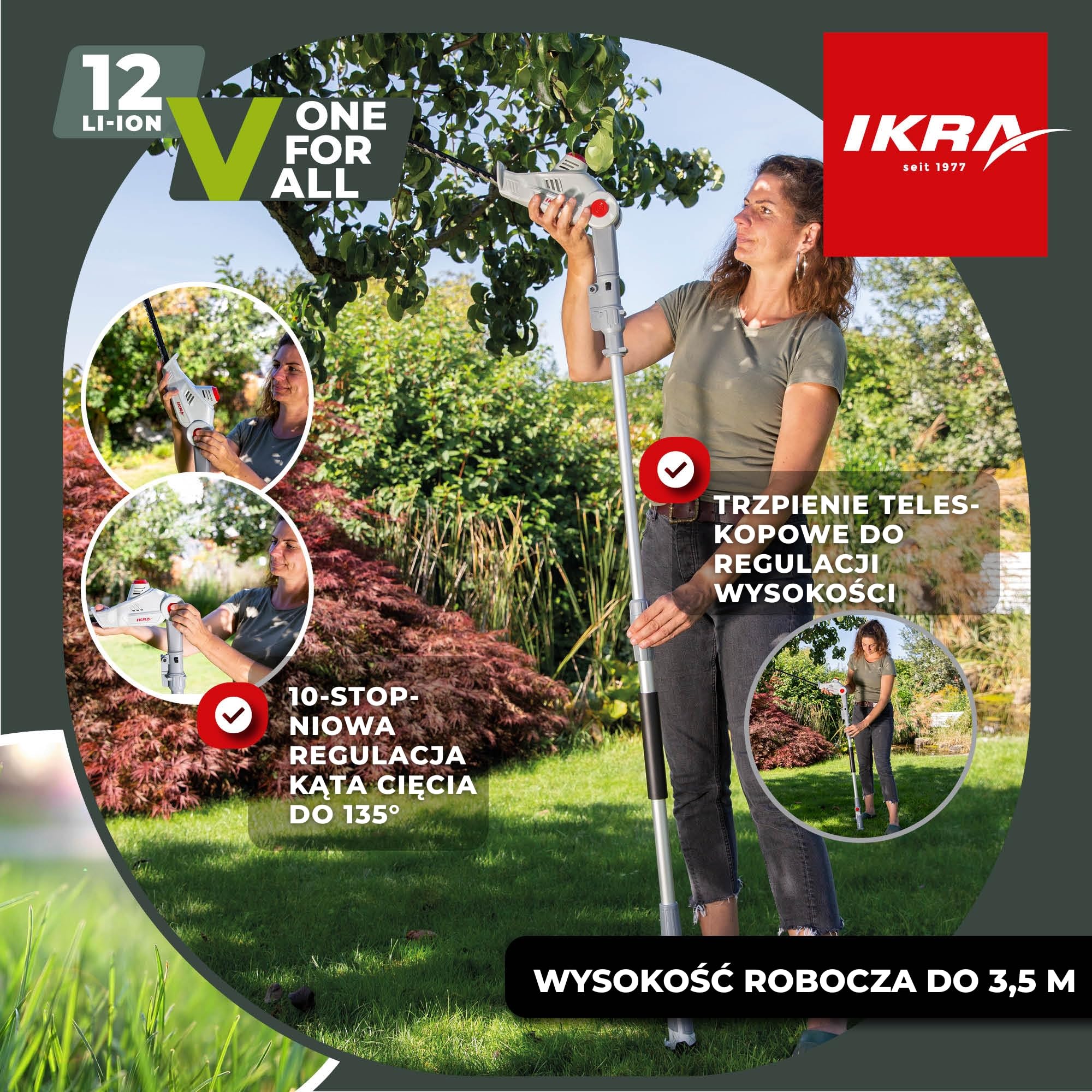IKRA Nożyce do żywopłotu IATHS 1241 teleskopowe z aku, ładowarką, okularami | Regulowany teleskop 1,80–2,35 m,długość cięcia 41 cm, kąt do 135°, kompatybilny z akumulatorami IKRA 12 V