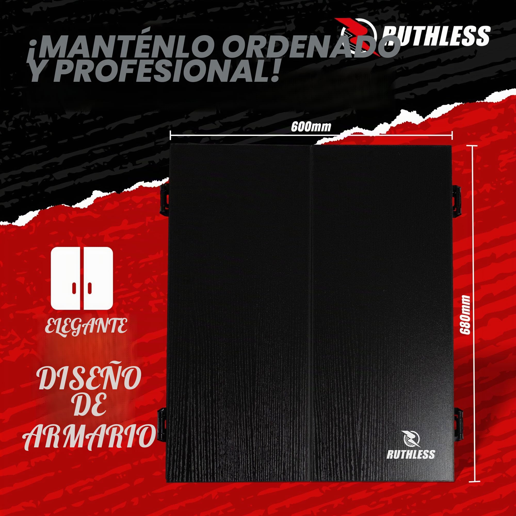 Ruthless - Tablero de dardos electrónico Ruthless R500 en gabinete - Punta blanda - incluye 4 juegos de dardos - para 8 jugadores - 27 juegos