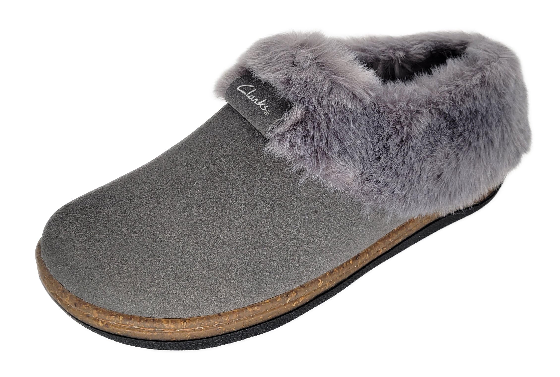 Clarks Womens Slipper Suede Leather Plain Toe - Plush Faux Fur Collar/Lined With A Cork Midsole - Open Back Indoor Outdoor House Slippers For Women (