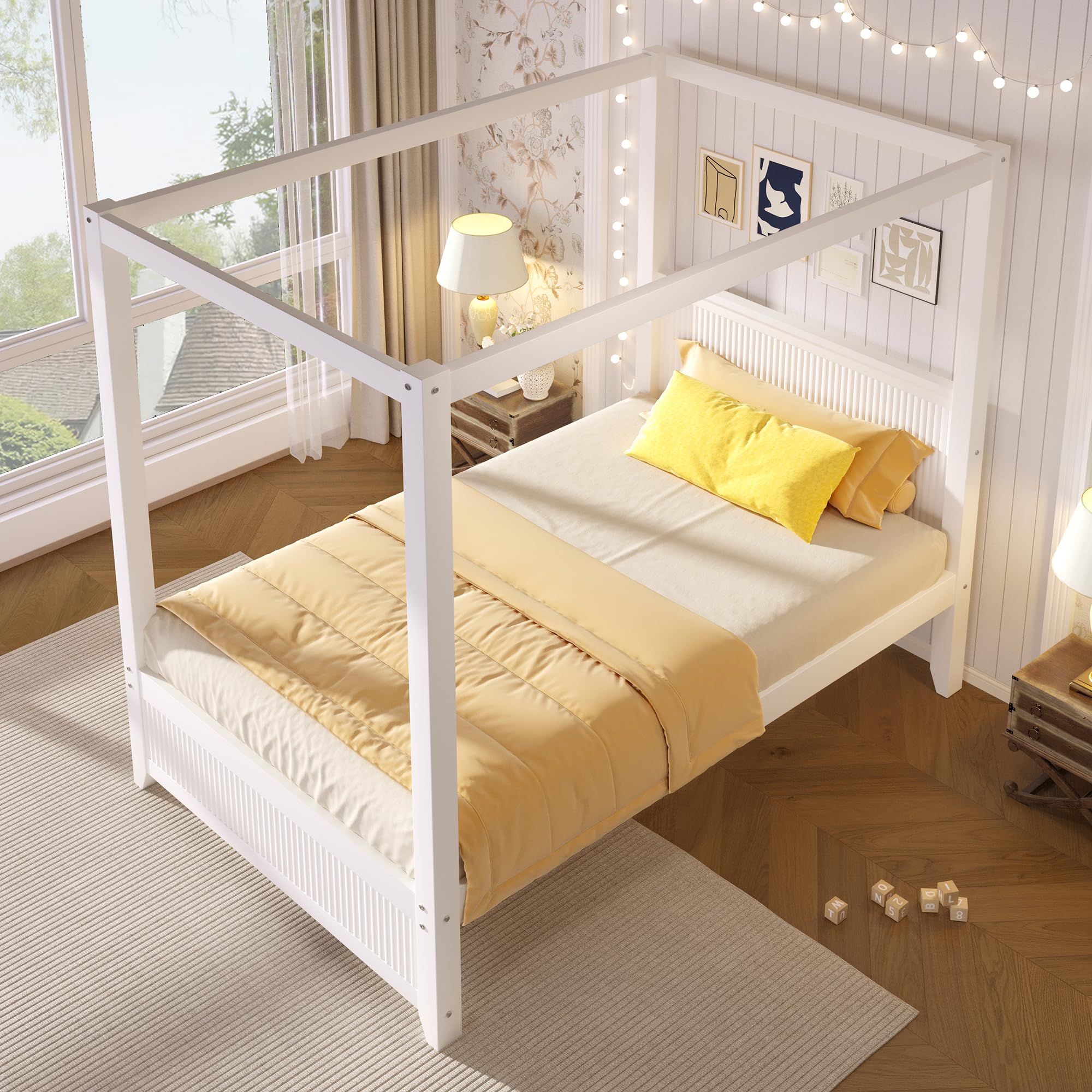 MURUL Himmelbett 90x200 cm Weiß, Massivholz Bett mit Dachrahmen & vertikalen Lamellen, Skandinavisches Design