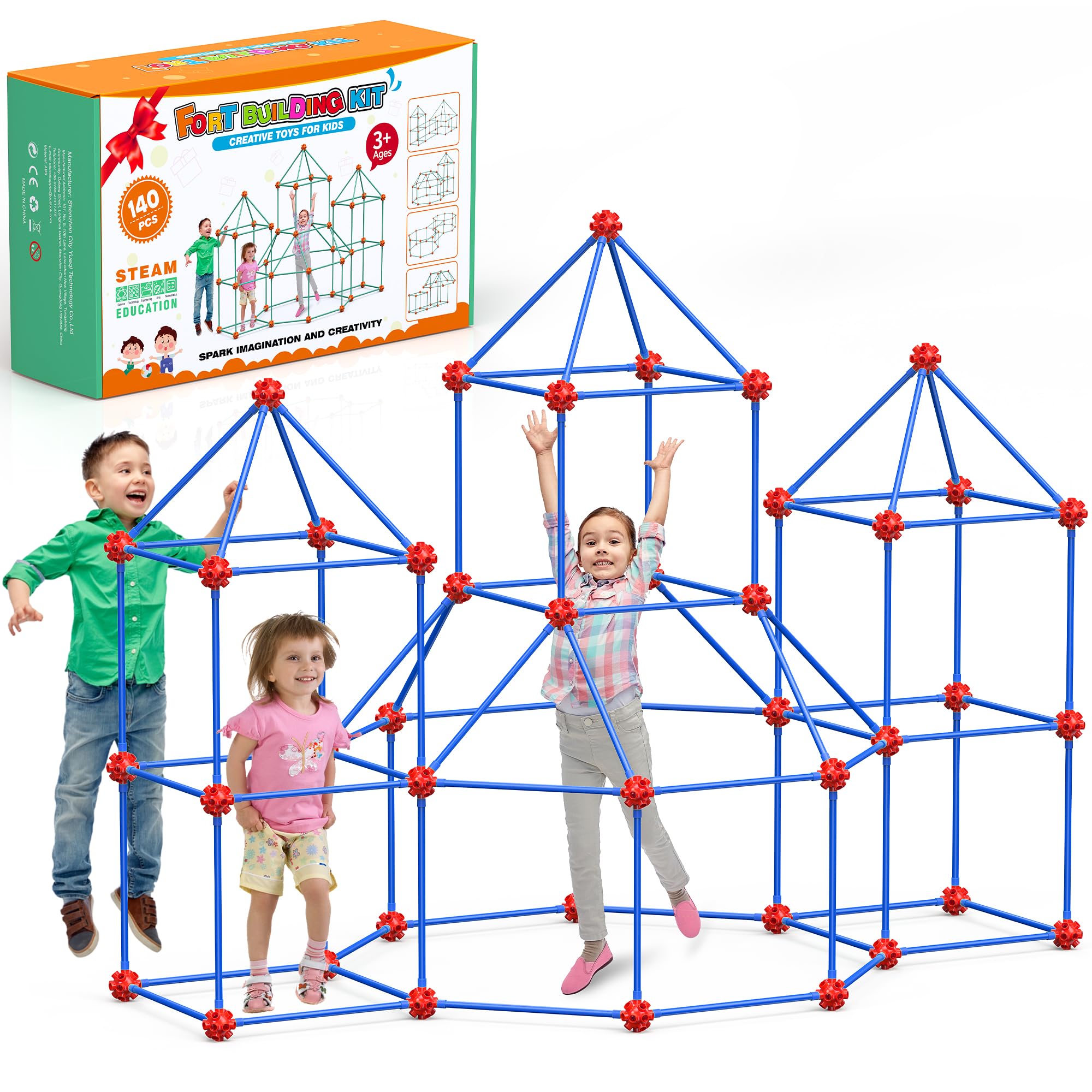 zqiliboyi 140 PCS Den Building Kit for Kids, DIY Fort Building Kit, STEM Educational Construction Toys for Age 4-10, Creative Forts & Castle Play Sets, Indoor Outdoor Play House Tent for Boys Girls