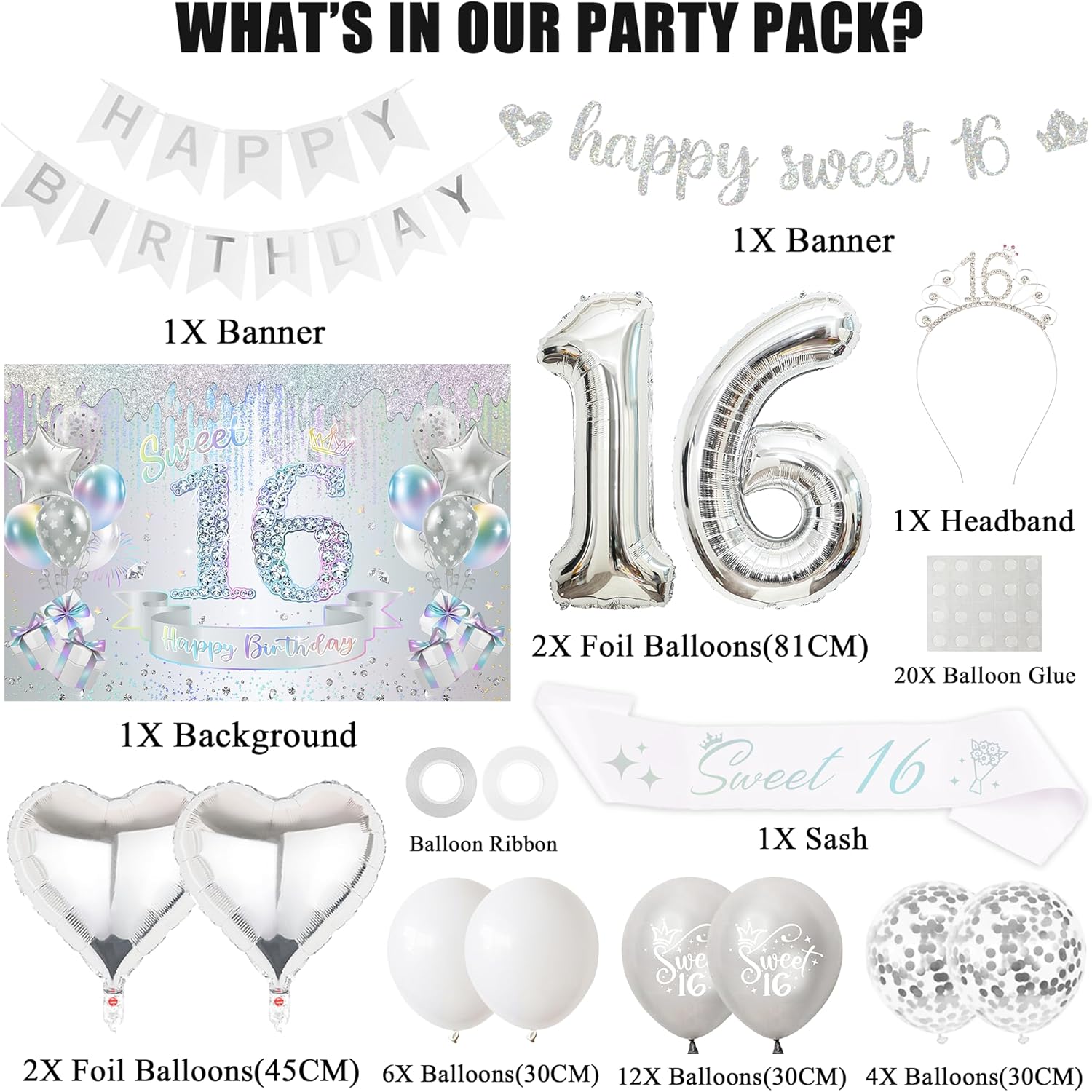 Sweet 16 Birthday Party Decorations for Girls - Colorful Silver 16th Happy Birthday Banner Heart Balloons Number 16, Photo Backdrop Crown Sash Party Supplies for Sixteen Years Old - Image 2