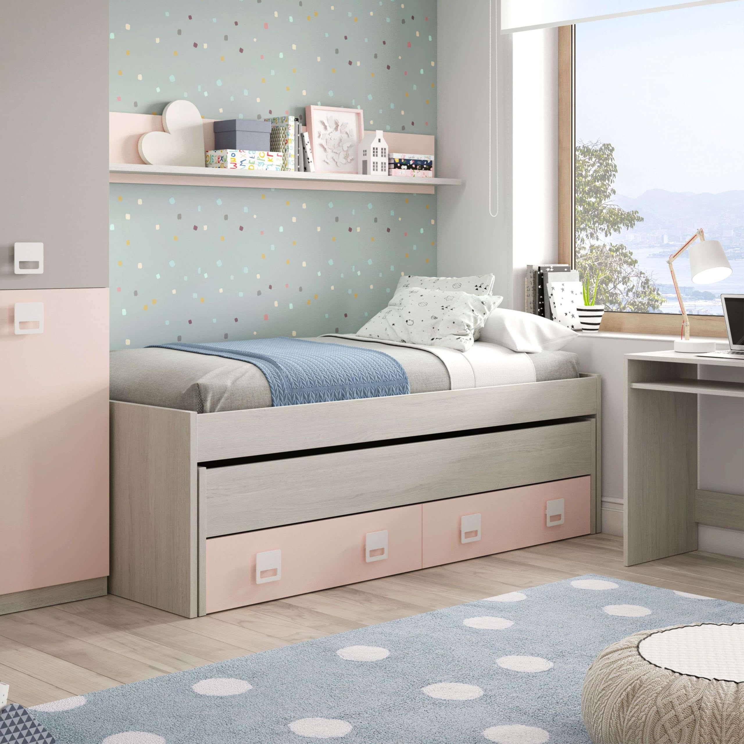 Habitdesign – Cama Doble Juvenil con 2 Cajones y Estante, Cama Nido Infantil, Color Blanco Alpes y Rosa Pastel, 199x96x69 cm – Modelo Nube