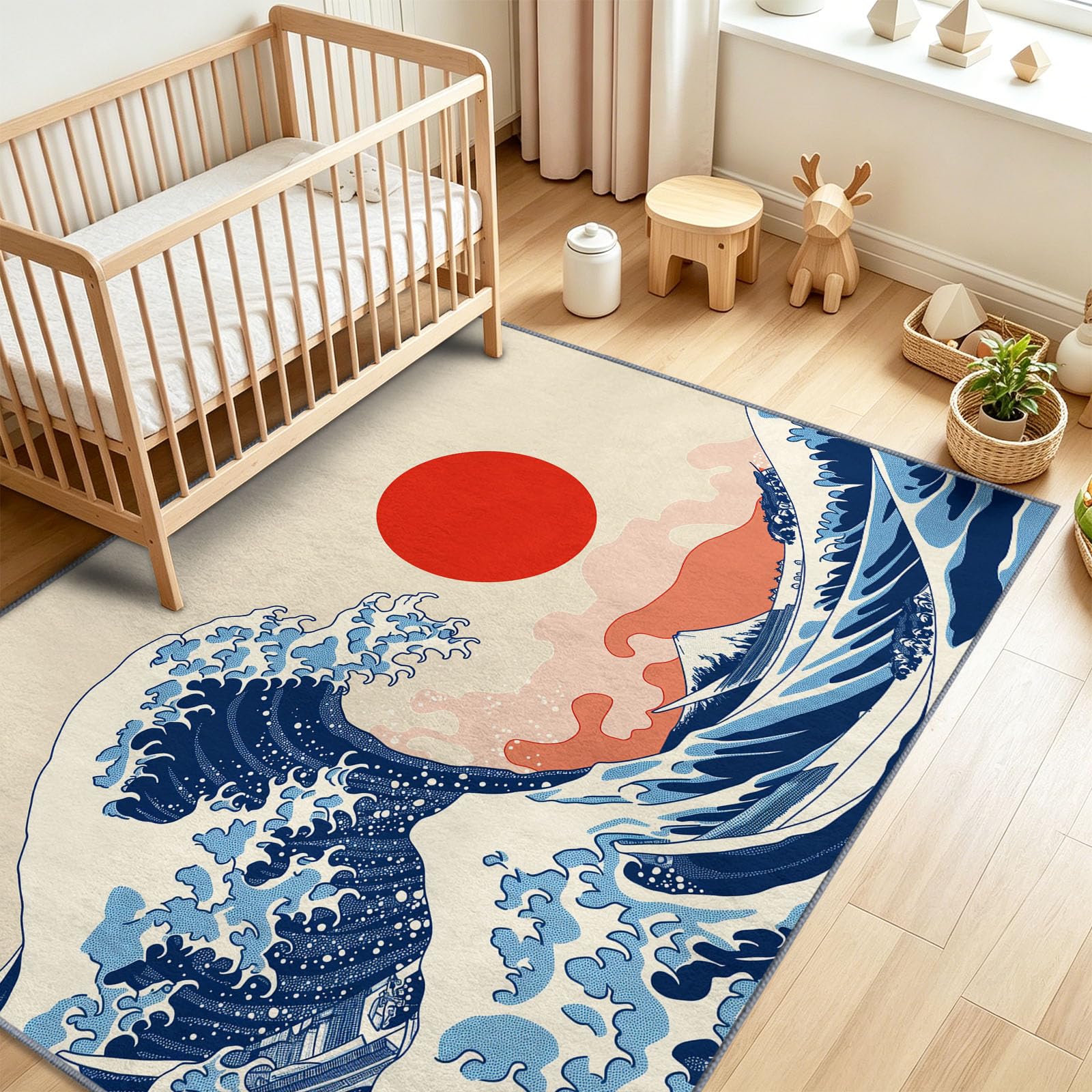 Générique Tapis de Salon Motif Grande Vague Ukiyo-e Japonaise Traditionnelle Doux Antidérapant Poils Ras, Résistant pour Adulte Chambre Salle à Manger Couloir et Bureau, 120 x 170 cm