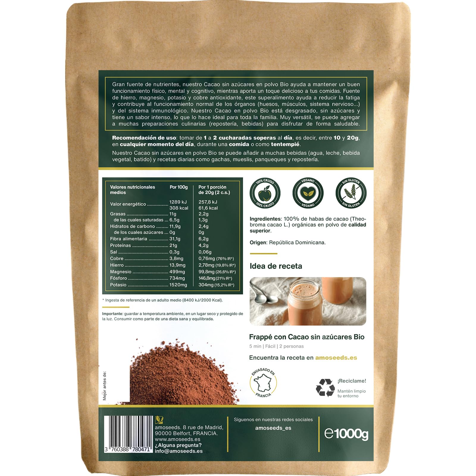 Cacao sin Azúcares en polvo BIO | 100% Puro y Natural | Habas de Cacao desgrasadas Orgánicas | Intenso sabor a chocolate | Primera Calidad