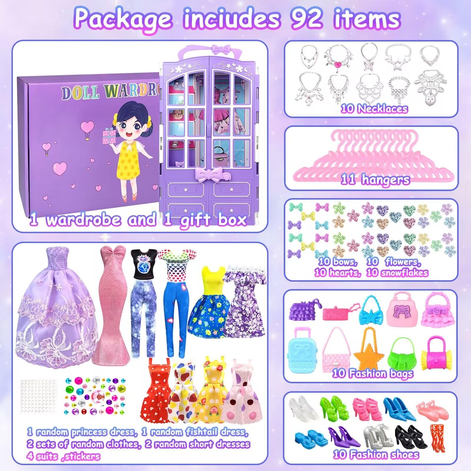 92Pcs Doll Clothes and Accessories with Doll Closet for 11.5 Inch Doll Fashion Design Kit Girl Dress Up Including Fashion Dress Outfits Tops and Pants Shoes Hangers Bags Necklaces Girls Toy Gifts - Image 4