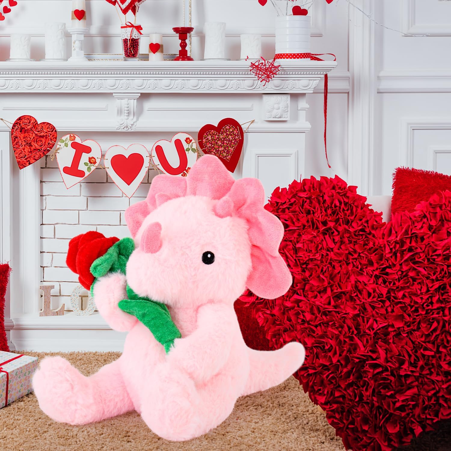 Valentines Day Gifts for Kids Her Girlfriend, Pink Dinosaur Stuffed Animal with Rose, Soft Triceratops Stuffed Toy for Girls, Cute Dinosaur Plush, Birthday to Show Love