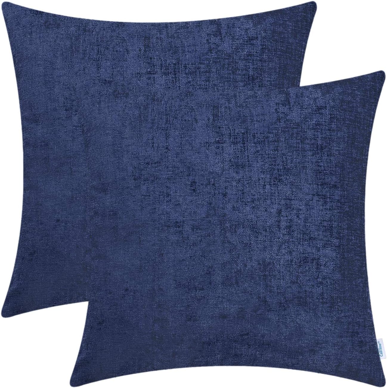 CaliTime Pack of 2 Cozy Throw Pillow Covers Cases for Couch Sofa Home Decoration Solid Dyed Soft Chenille 45cm X 45cm Navy Blue
