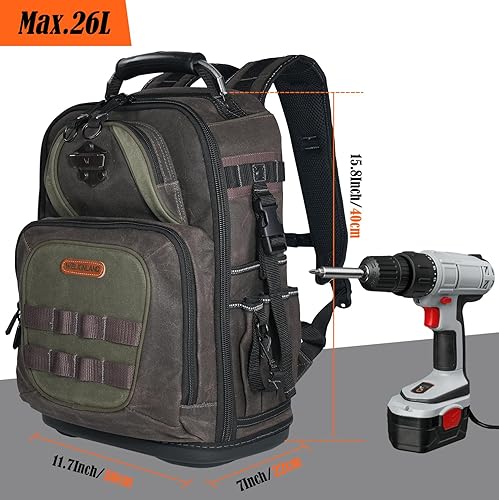 Miniatura 5 de WELKINLAND Mochila para electricista de 36 bolsillos, mochilas HVAC de base dura, mochila de técnico de lona encerada, mochilas de herramientas