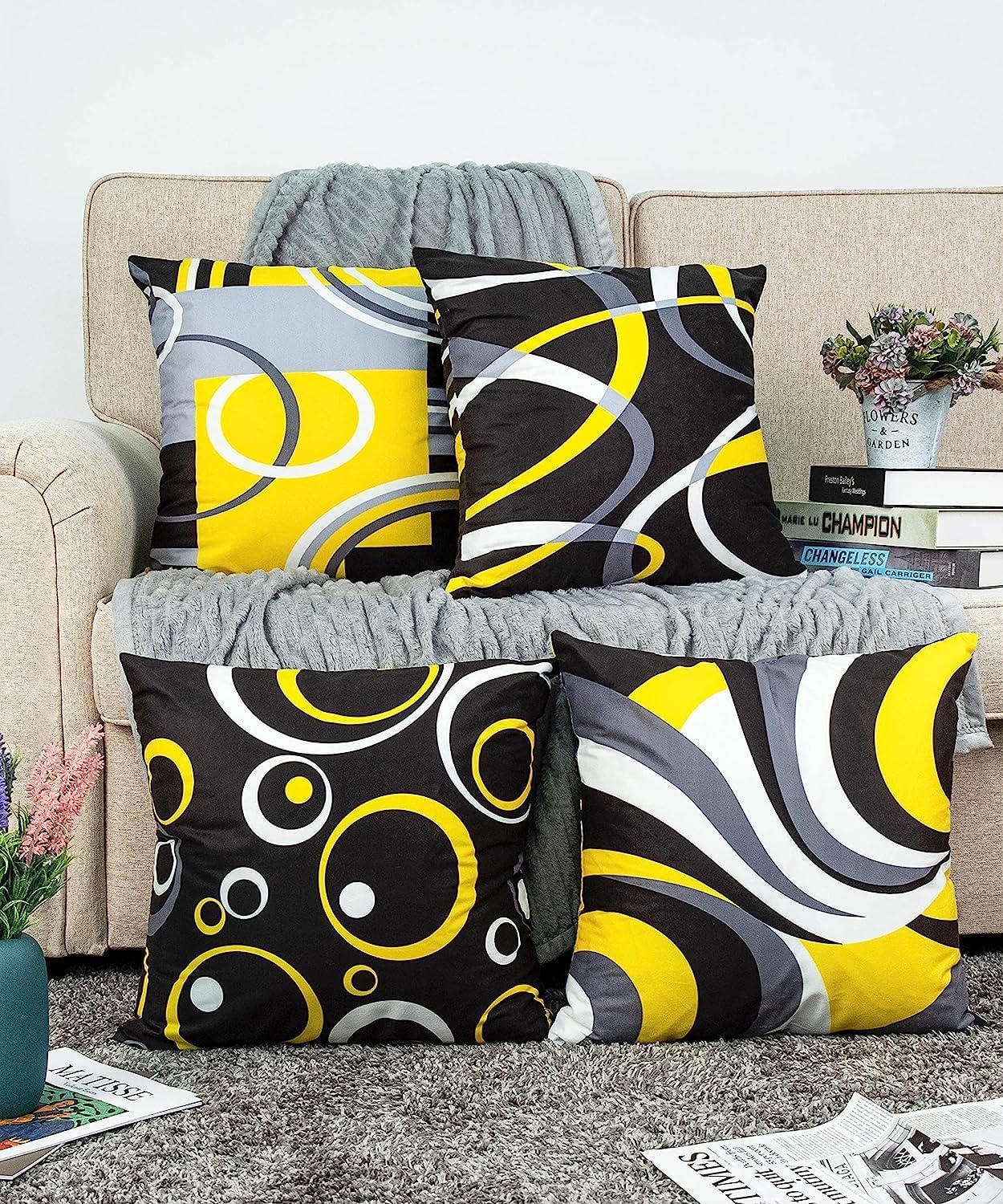 Yellow and Black Throw Pillow Covers 20x20 Inches Set of 4 Decor Decorative Throw Pillow Cover Abstract Modern Geometric Square Cushion Cases for Sofa Bed Couch