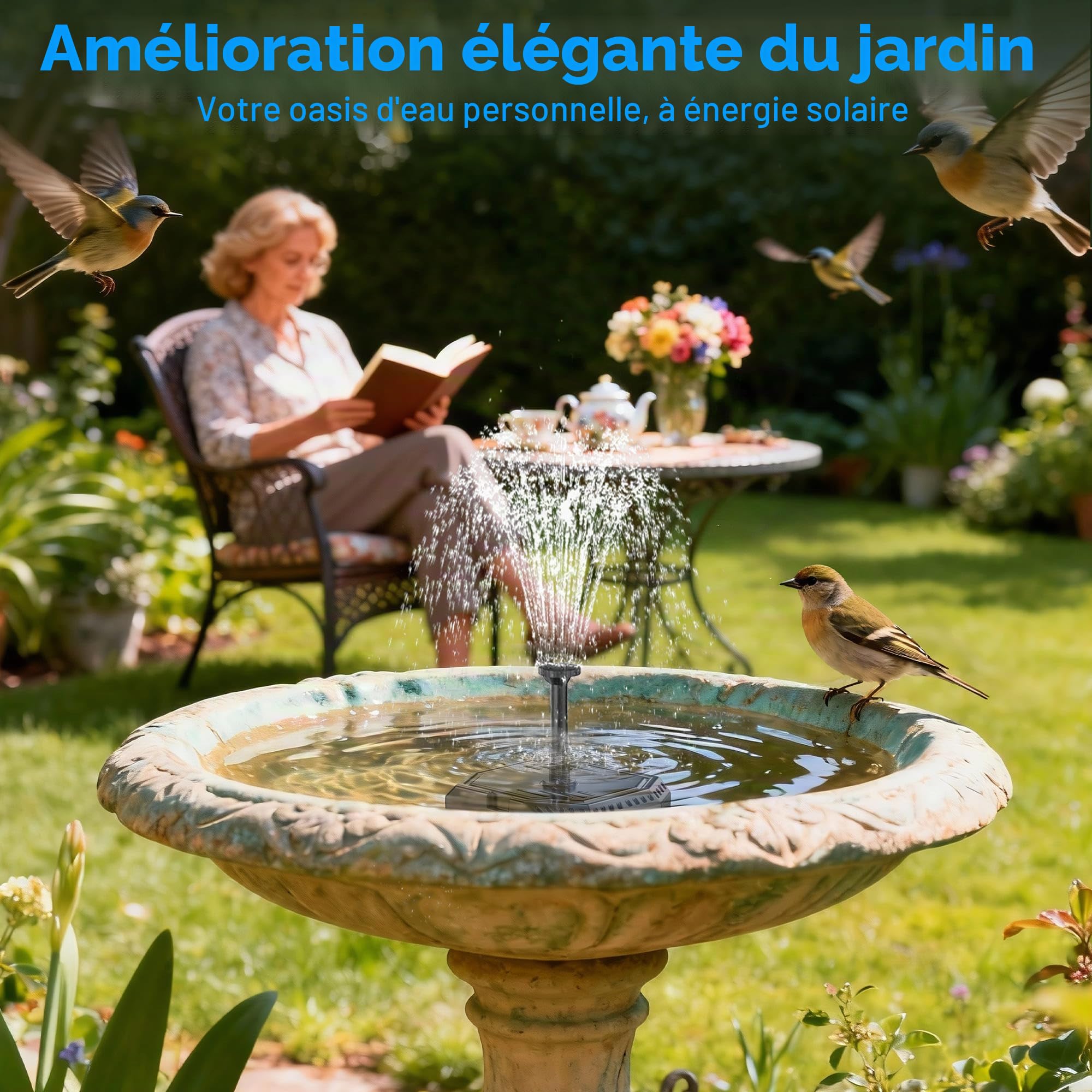 Biling Pompe à Eau Solaire 6W avec Batterie et 10 Buses pour Petit Étang jusqu'à 500L, Fontaine Solaire Extérieure
