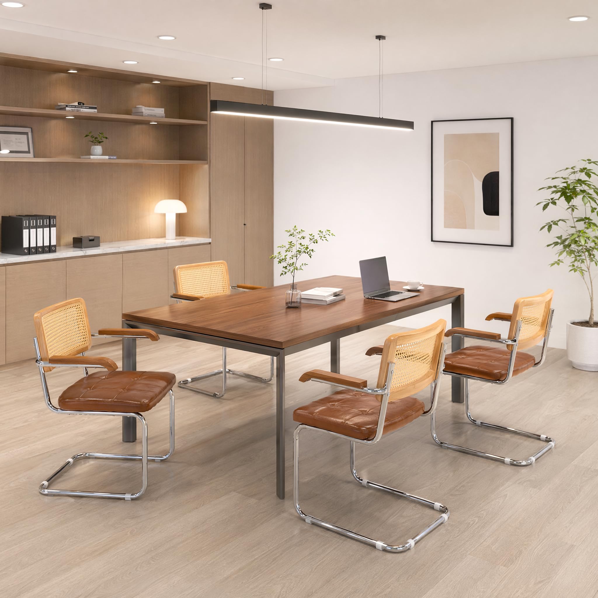 EGGREE Pack de 2 Sillas de Comedor de Ratán con Reposabrazos y Estructura de Hierro Galvanizado, Sillas Tapizadas en PU para Salas de Reuniones, Oficinas y Comedores, G02-Marrón