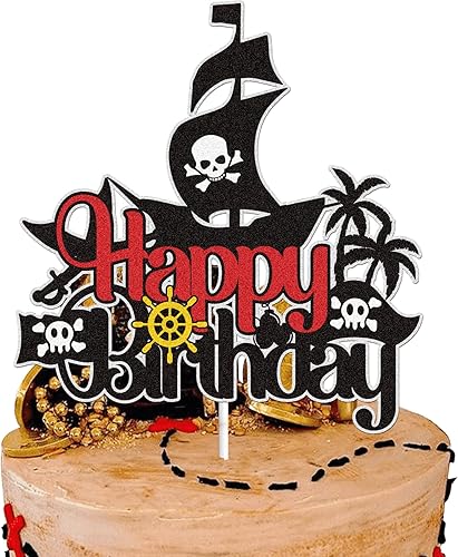 Decoración para tarta de cumpleaños con diseño de barco pirata, color negro, con purpurina, decoración de tarta de barco náutico, tesoro, mar de