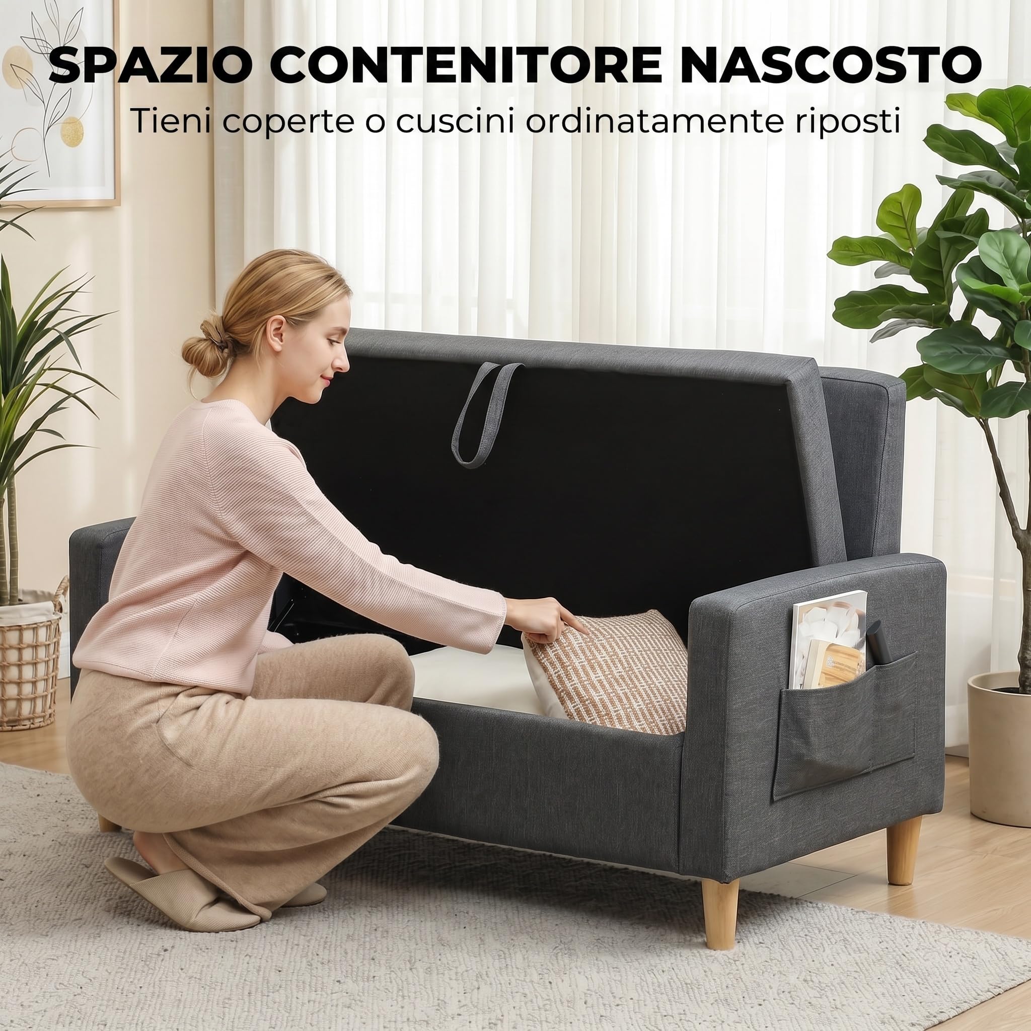 HOMCOM Divano 2 Posti Imbottito Effetto Lino Traspirante, 2 Cuscini Grigio