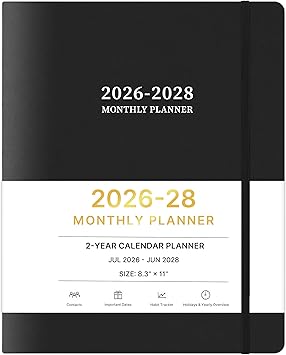 2026-2028 Monthly Planner, 2 Year Calendar Planner, Jul 2026 - Jun 2028, 8.3 x 11, 24 Months, Embossed Cover, with Printed Tabs &Pocket, Elastic Closure, Organizer for Office Home School, Black