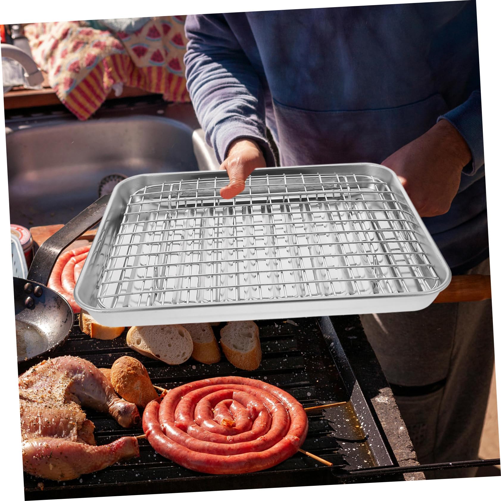 Juego de Bandeja de Horno de Acero Inoxidable con Rejilla, 43 Cm | Drenaje de Aceite, Servir Fritos, Uso en Casa y Familia, Estilo Simple, 1 Juego