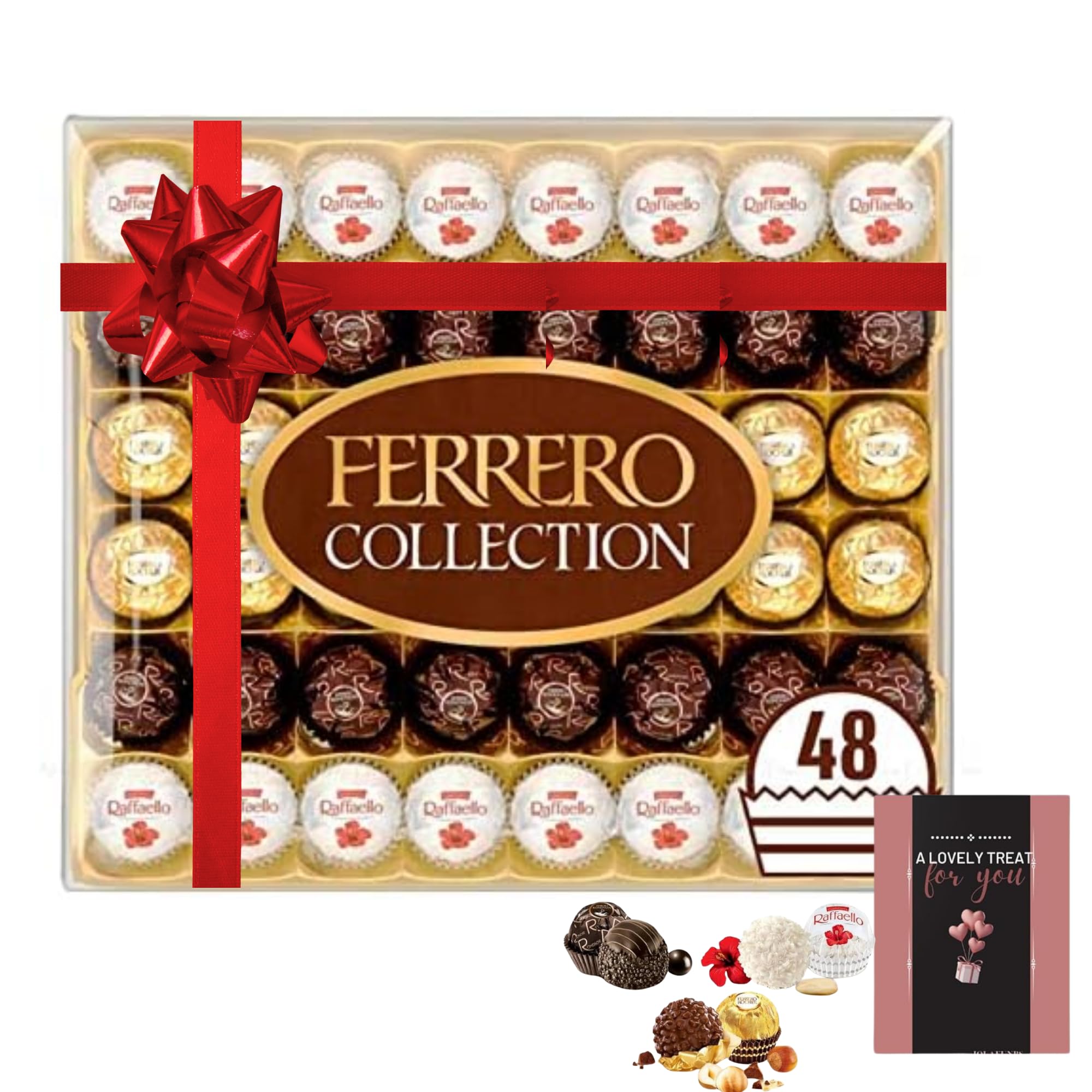 Rocher Chocolate Gift Praline Sweets Gift Box Coconut Raffaello & Dark Chocolate Rondnoir 48(518g) with Ribbon & Card - Birthday Mothers Day, Fathers Day Christmas