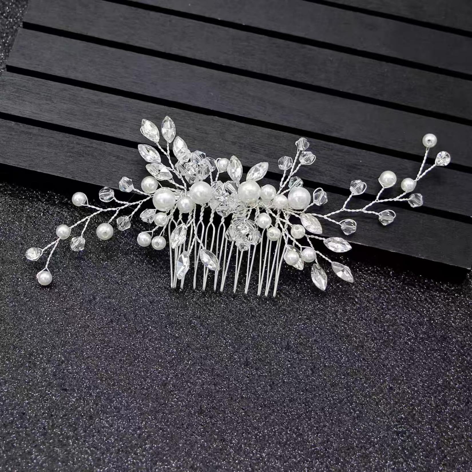 Silver Pearl Bridal Hair Clips with Floral Comb, Handcrafted Crystal Rhinestone Hairpins