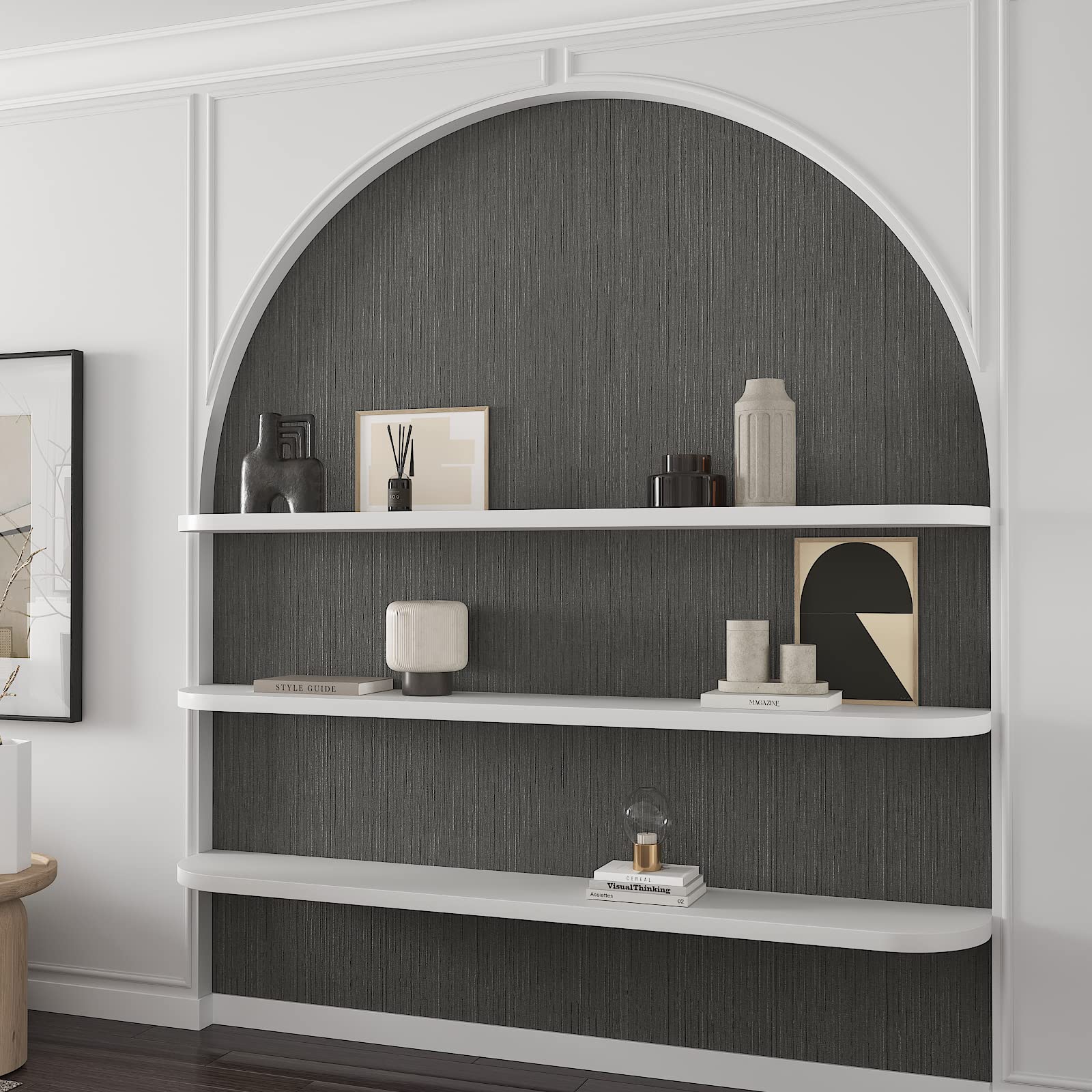 CHIHUT 30''x236'' Wide Size Dark Gray Grasscloth Peel and Stick