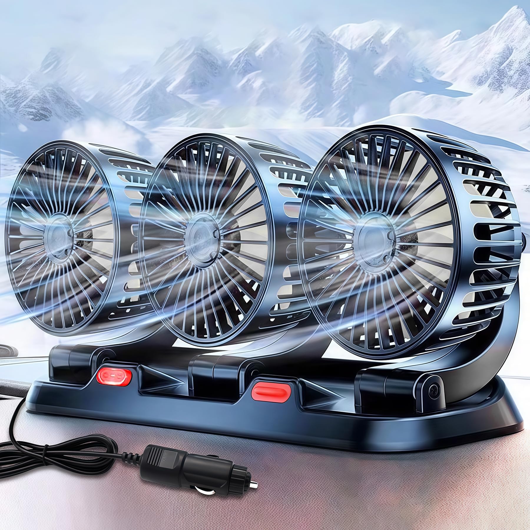 Ventilador De Coche,Giratorio 360 De La Coche,Ventilador Coche Triple Cabezal,Potente 2 Velocidades Mini Ventiladors Mesa