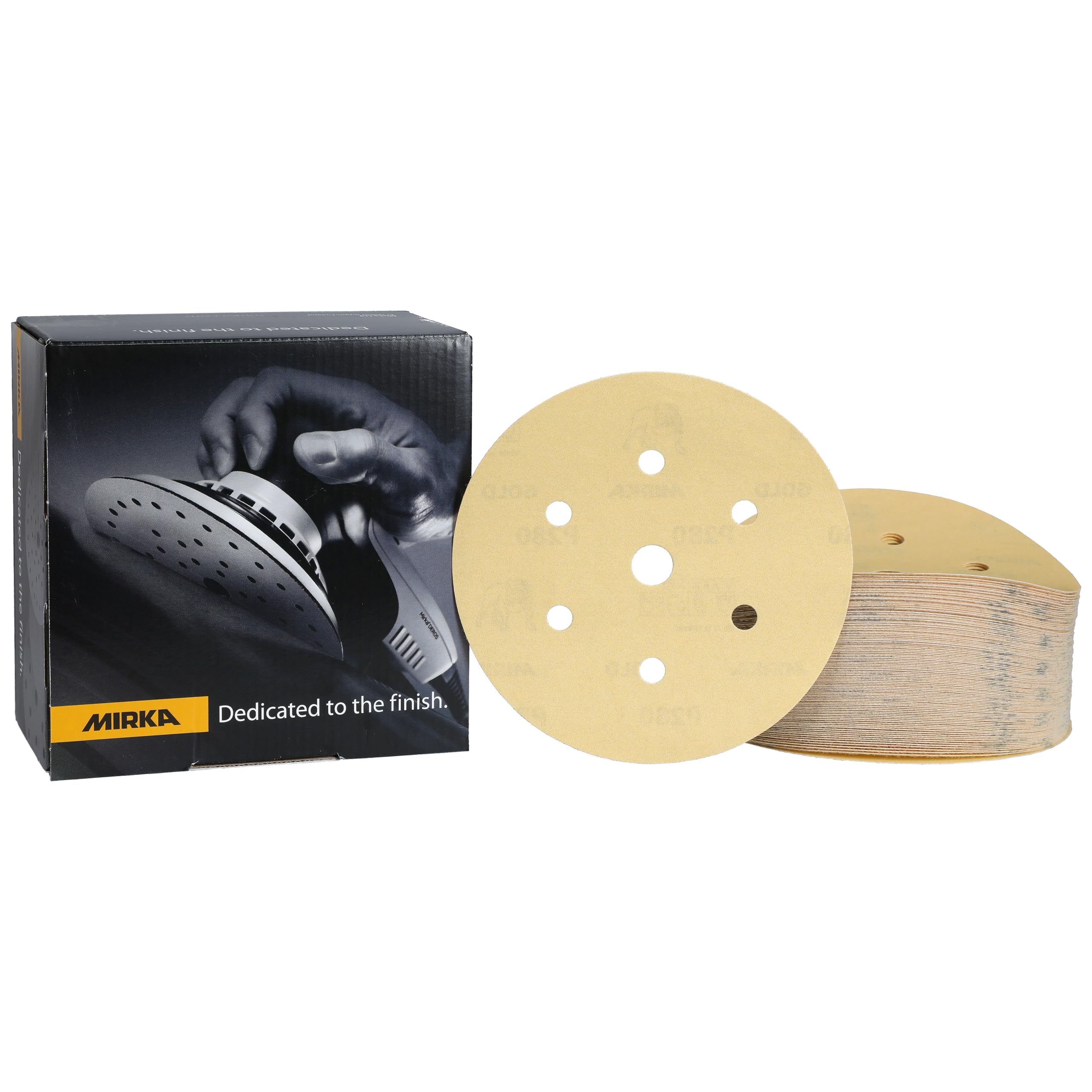 Mirka Gold Carta abrasiva universale Ø 150 mm a strappo 7 fori, grana P280, 100 pz/Per levigare intonaco, stucco, truciolato, legno, vernice