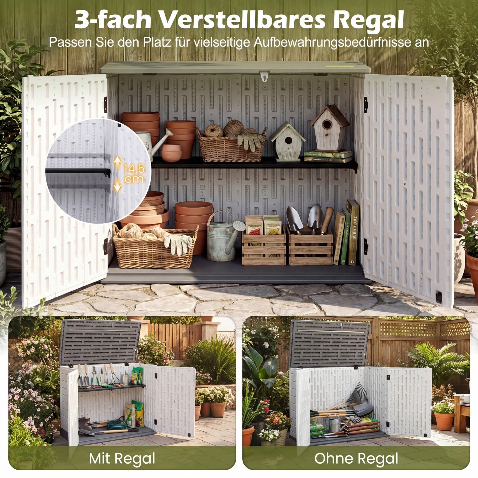 COSTWAY Gartenschrank wetterfest, Geräteschrank mit verstellbarem Regal, abschließbarem Deckel & Türen, Terrassenschrank aus HDPE, Outdoor Aufbewahrungsschrank, 118 x 63 x 94 cm
