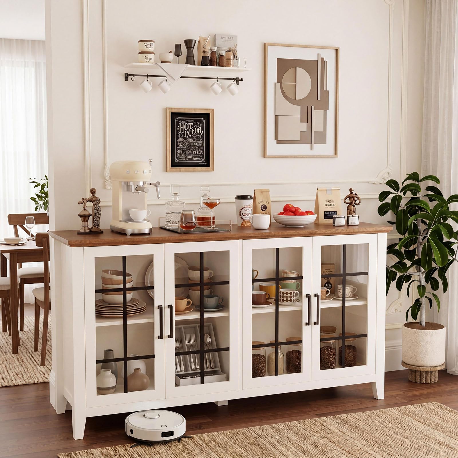 Photo 1 of ***PARTIAL SET - PRICE ADJUSTED*** ***STOCK PHOTO FOR REFERENCE ONLY*** Sqfnlty 63'' Buffet Cabinet with Glass Doors, Farmhouse Storage Cabinet with Adjustable Shelf, Modern Sideboard Table Cabinet for Kitchen, Dining Room, Living Room