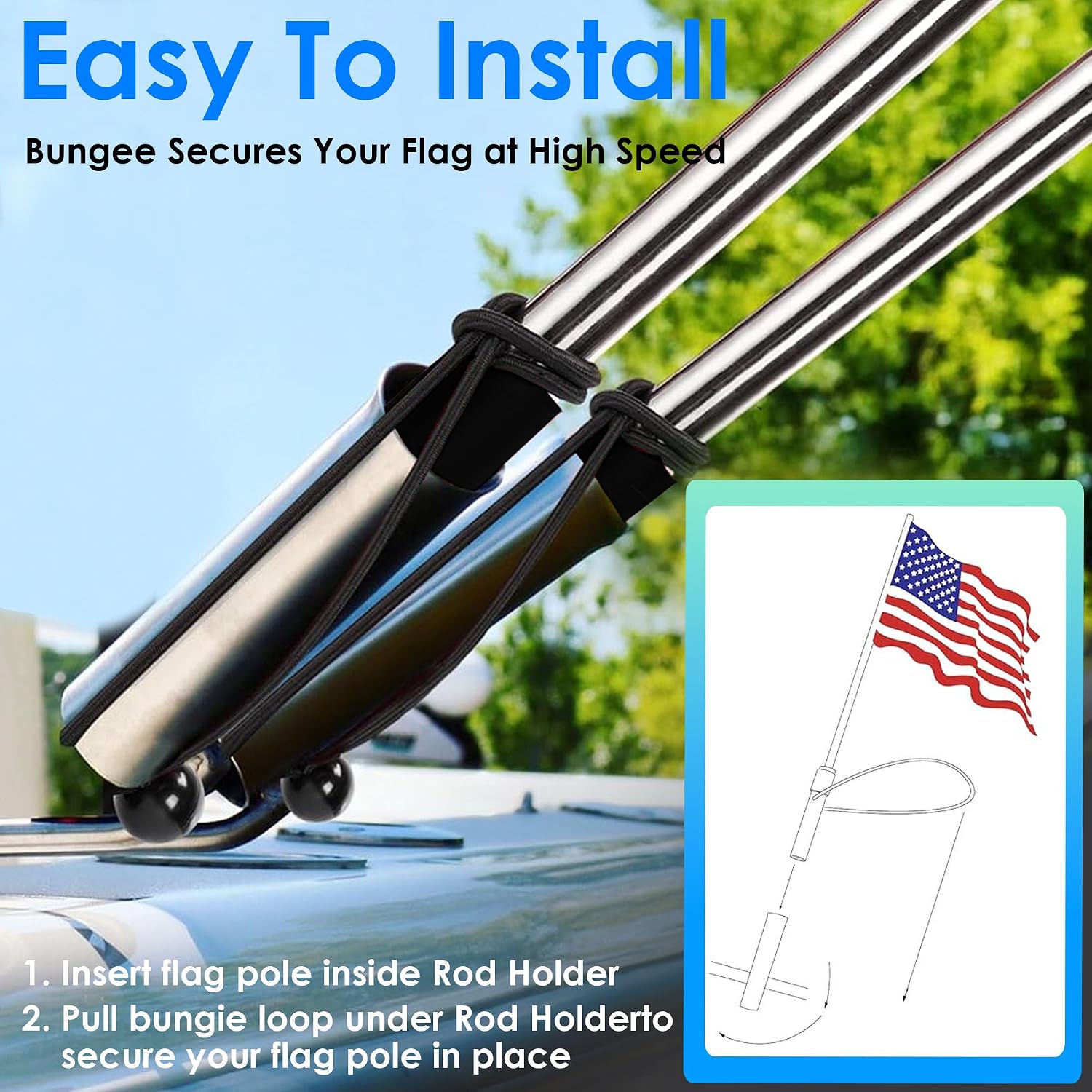 YUSOVE Boat Flag Pole with Rod Holder Mount, 4ft Marine Stainless Steel Boat Flag Pole, with Bungee Retainer, EVA Foam Grip