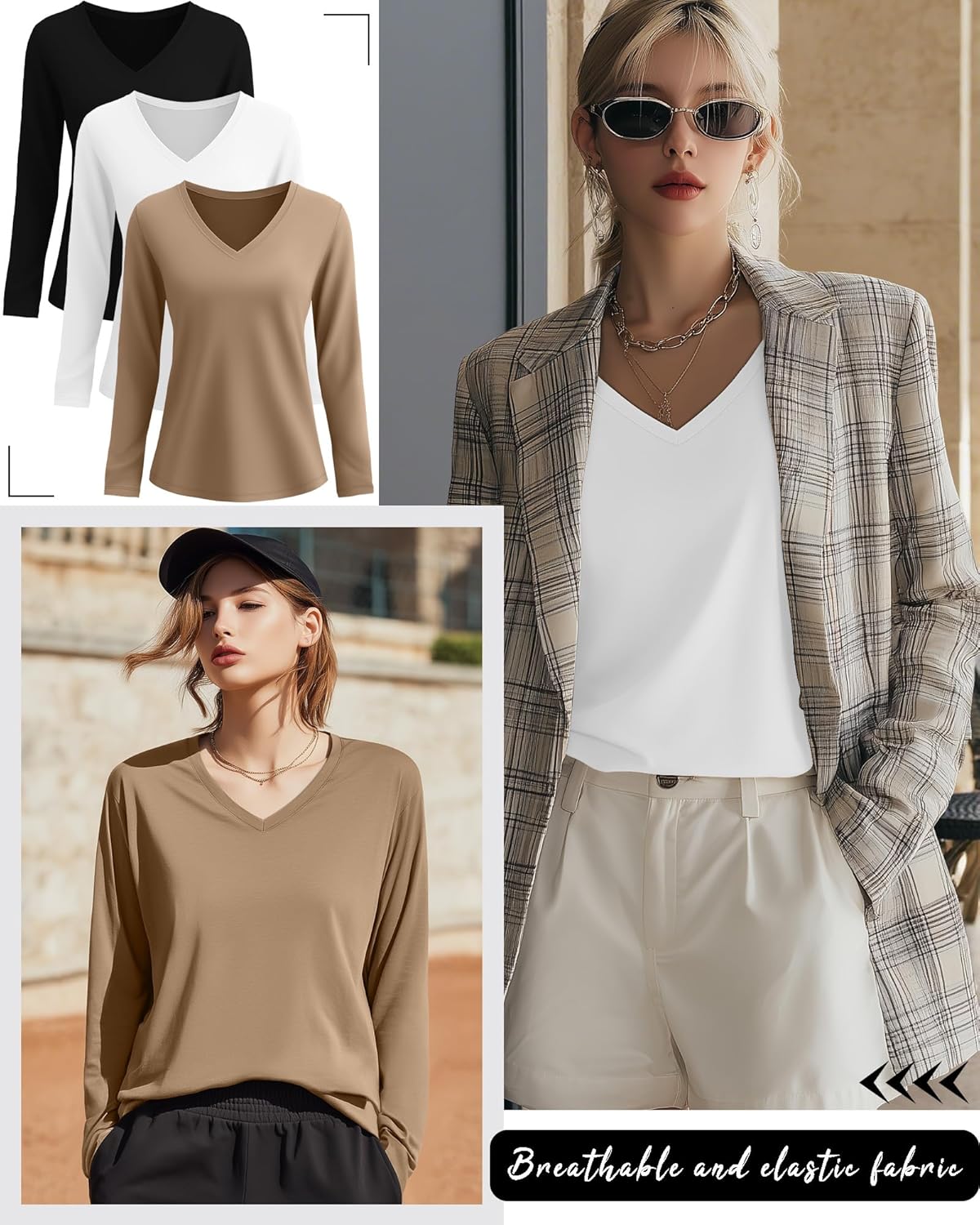 Ficerd 3 Pack Women's Long Sleeve Shirts, V Neck Cotton Blend Tops Loose Fit Casual T-Shirts Curved Hem Basic Layering Tees - Image 2