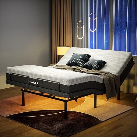 POMT Adjustable Bed Base Quick Assembly Adjustable Frame Electric Bed with Wireless Remote Independent Head and Foot Incline Dual USB Charging Ports Under Bed Nightlight Side Bag
