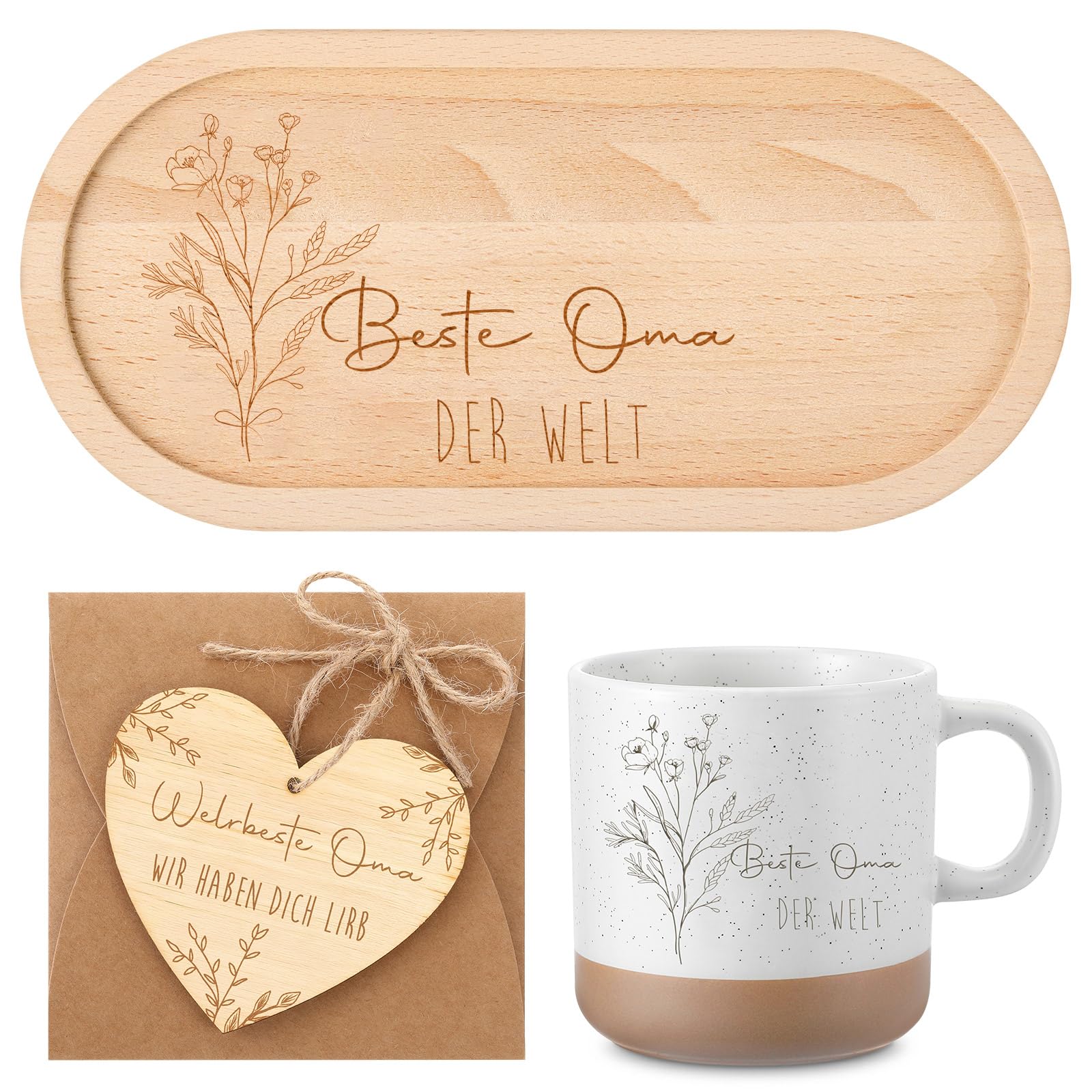 Geiserailie Oma Geschenke Beste Oma Der Welt Holztablett mit Gravur Tasse Herz Holzschild Anhänger Umschlag Geschenk für Großmutter von Enkel zum Geburtstage Weihnachten Jahrestag Muttertag