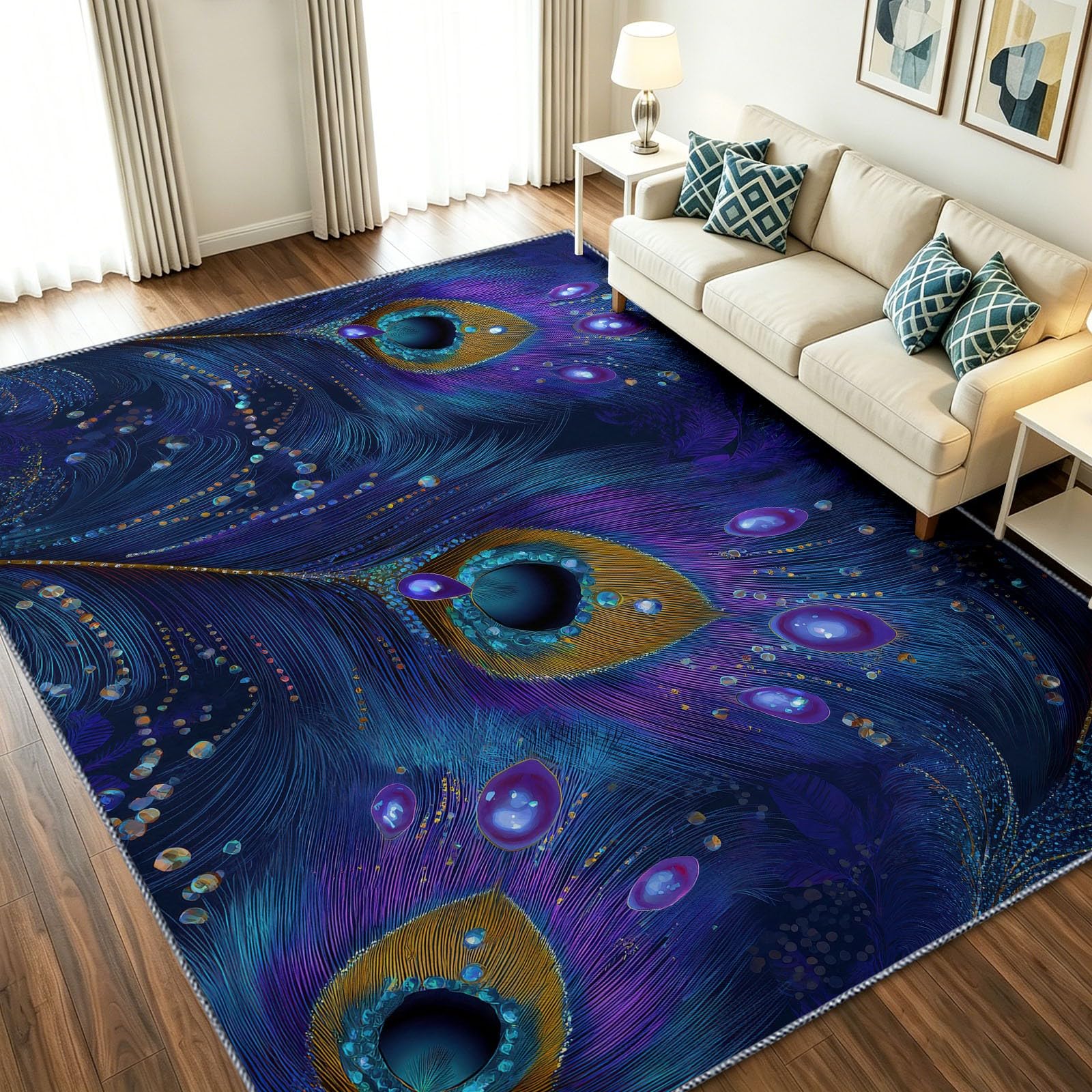 Tapis bleu 60x90 cm lavable et antidérapant à motif de plume abstraite pour entrée