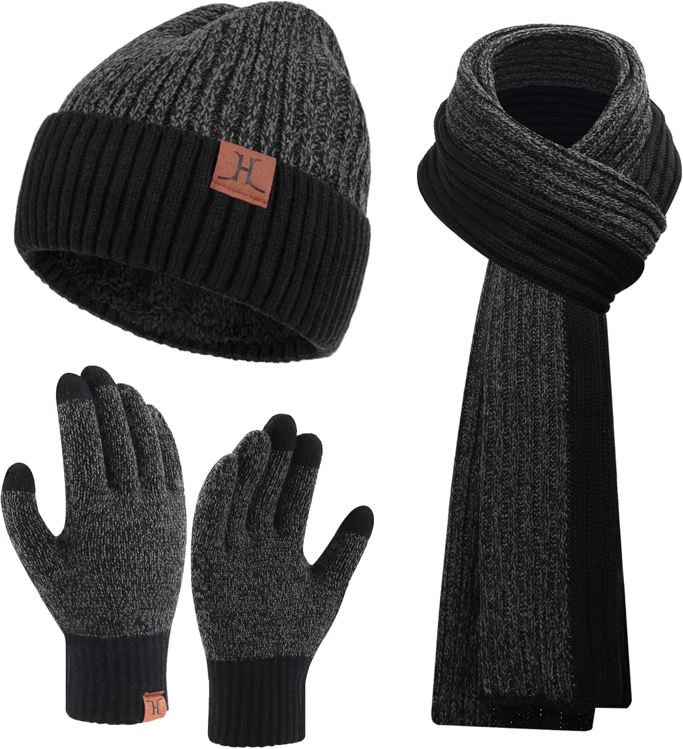 FZ FANTASTIC ZONE Mens Winter Knit Hat Beanie Long Neck Scarf Touchscreen Gloves Set Fleece Skull Caps Gifts for Men Women