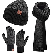 Mens Winter Knit Hat Beanie Long Neck Scarf Touchscreen Gloves Set Fleece Skull Caps Gifts for Men Women