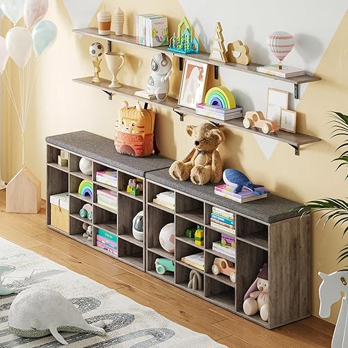 Miniatura 123 de DINZI LVJ Banco organizador de zapatos con cojín, zapatero de 9 cubos y estantes ajustables, multifuncional, para salas de estar, dormitorio, Gris