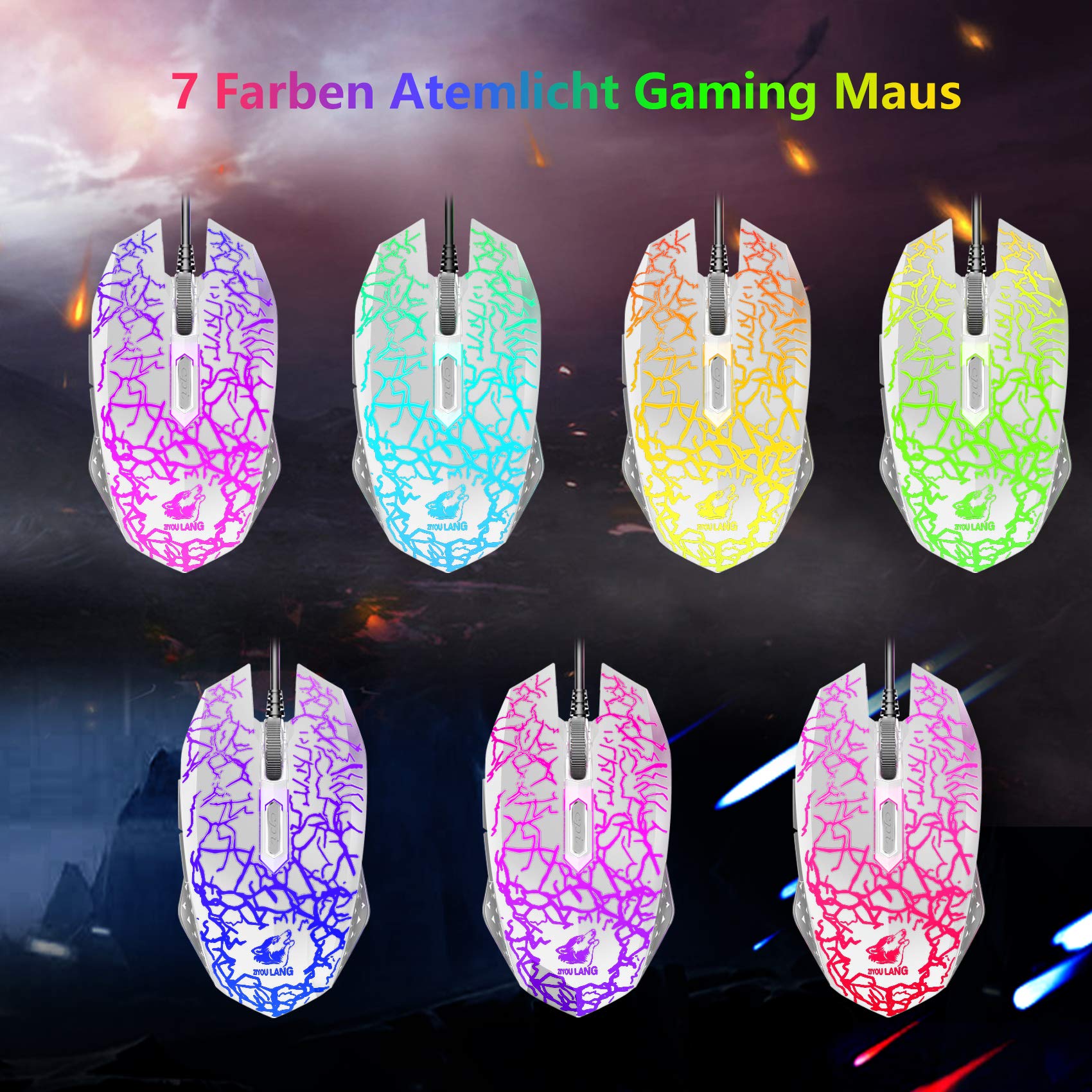 Teclado y Ratón con Adaptador para Juegos, Teclado Diseño Alemán QWERTZ 104 Teclas Retroiluminación del Arco Iris, 2400 dpi Mouse, Alfombrilla de Ratón, Compatible con PS4 Xbox Switch, Blanco