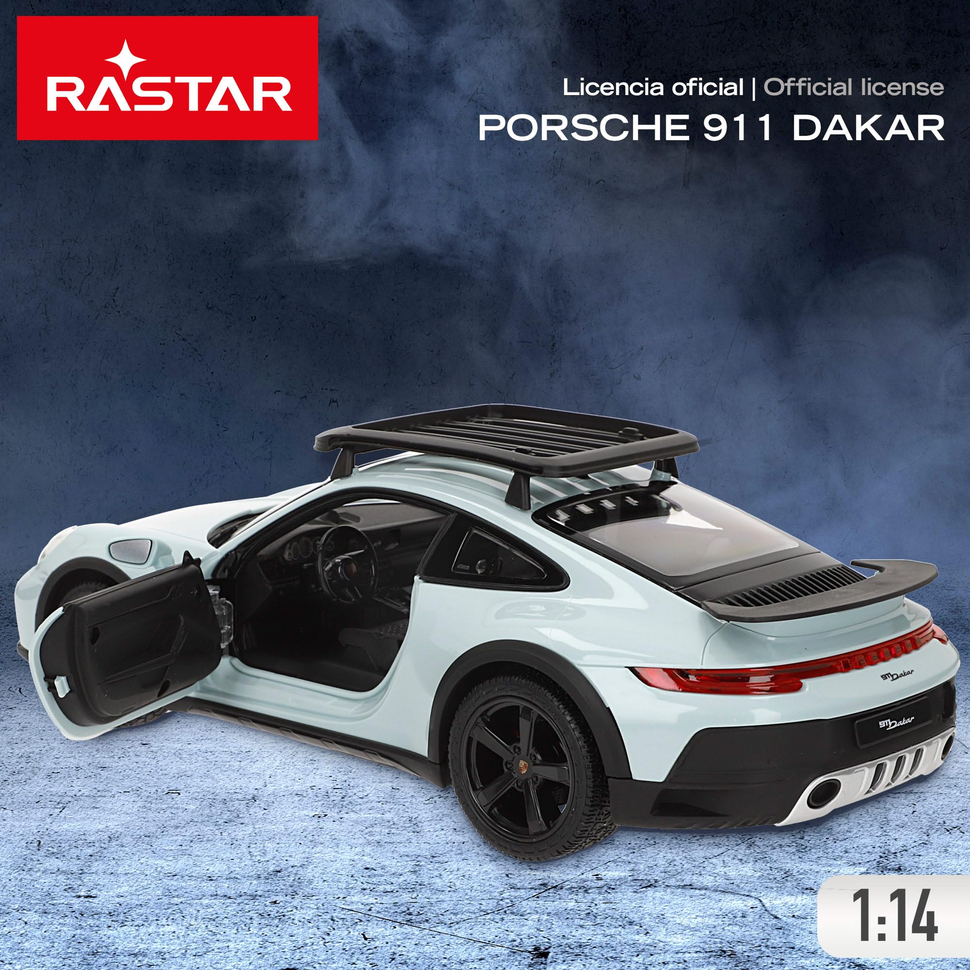 ColorBaby RASTAR Porsche 911 Dakar, samochód zdalnie sterowany, w skali 1:14, ze światłami przednimi, ręcznie otwieranymi drzwiami i bagażnikami, 6 funkcji, oficjalna licencja, od 6 lat (41327)