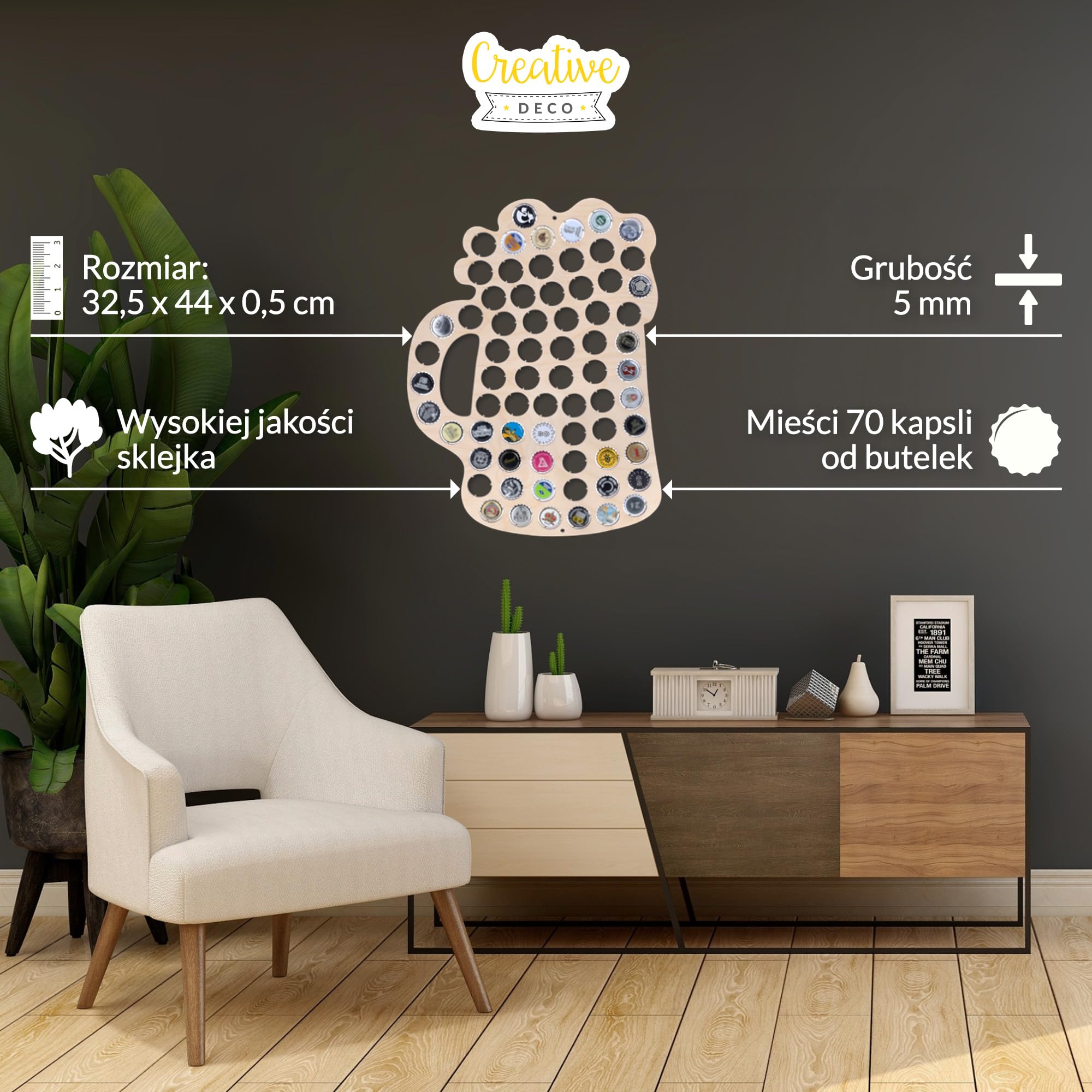 Creative Deco Kufel ze Sklejki na Kapsle od Piwa 32,5x44x0,5cm | Kolekcja 70 Kapsli z Butelek | Drewniana Dekoracja Ścienna | Prezent dla Miłośników Piwa i Kolekcjonerów