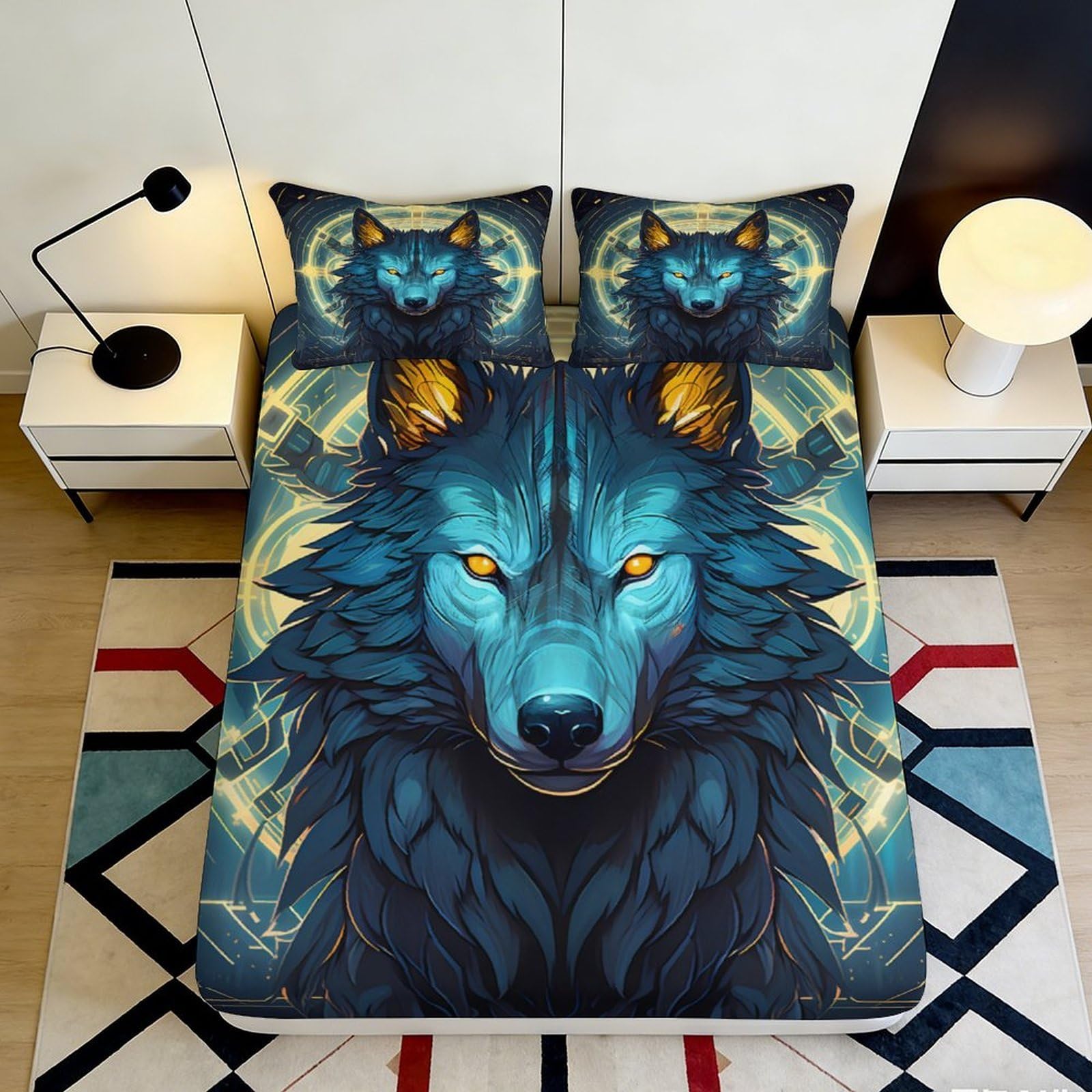 3D Printed Blue Wolf Fitted Sheet Microfiber Soft Mattress Cover for Bedroom Dorm Artistic Animal Decor 90x200x25cm