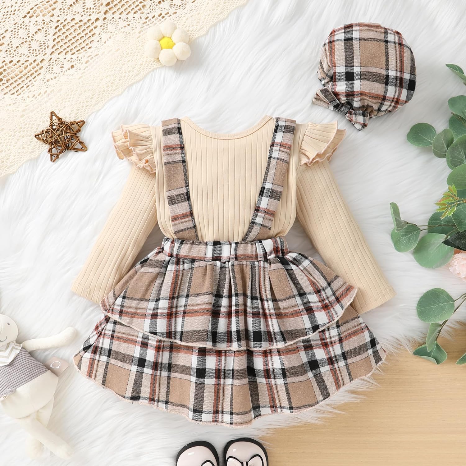 Infant Baby Girl Fall Outfit Ruffle Sleeve Romper Plaid Suspender Skirt Sets Layered Dress with Hat - Image 6